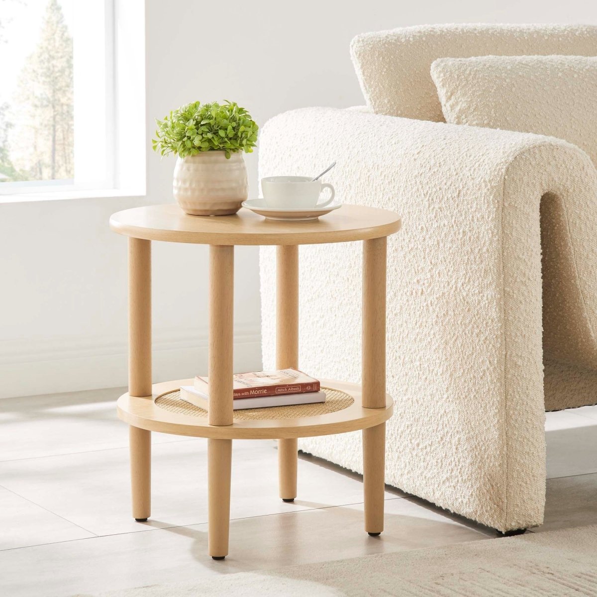 Round Wood Side Table with Rattan Shelf β 19 Inch - End & Side Tables available at Alpine Outlets in Denver