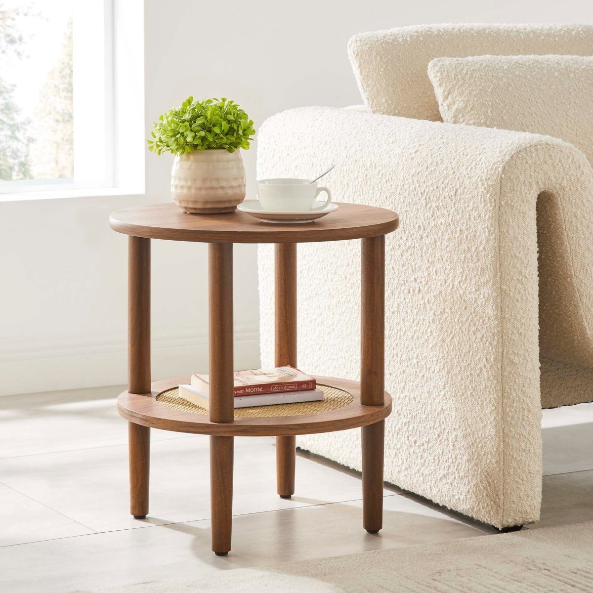 Round Wood Side Table with Rattan Shelf β 19 Inch - End & Side Tables available at Alpine Outlets in Denver