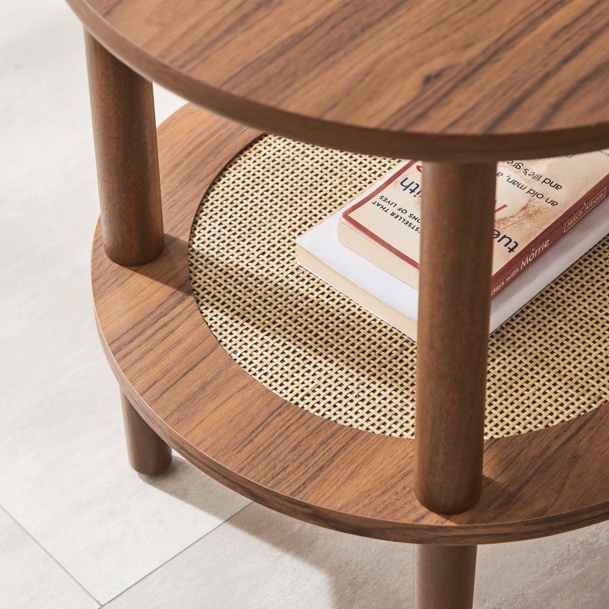 Round Wood Side Table with Rattan Shelf β 19 Inch - End & Side Tables available at Alpine Outlets in Denver