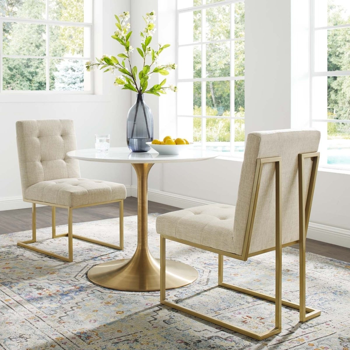 Set of 2 Biscuit Tufted Fabric Dining Accent Chairs with Gold Geometric Base - Dining Chairs available at Alpine Outlets in Denver