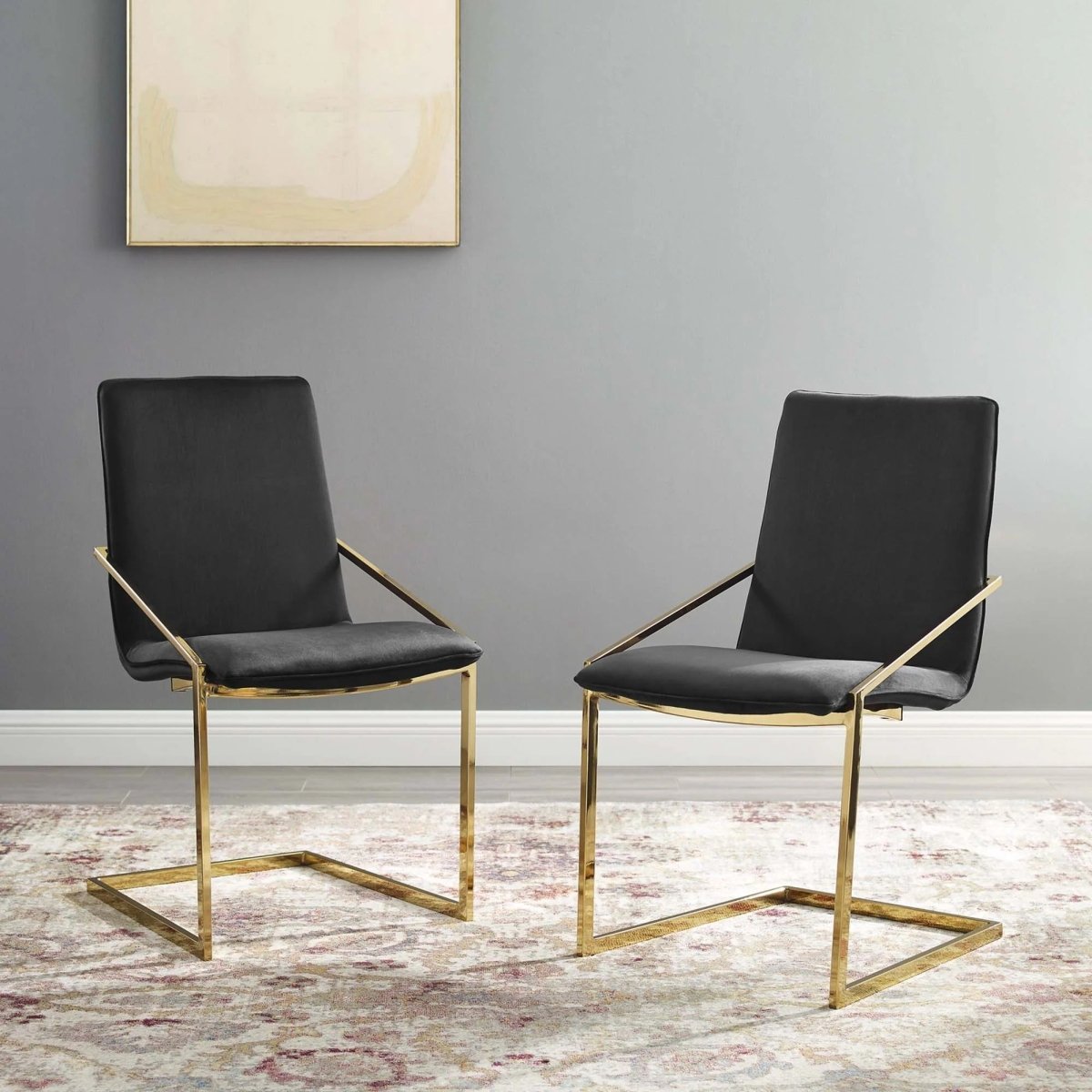 Set of 2 Geometric Gold Stainless Steel Performance Velvet Dining Armchairs - Dining Chairs available at Alpine Outlets in Denver