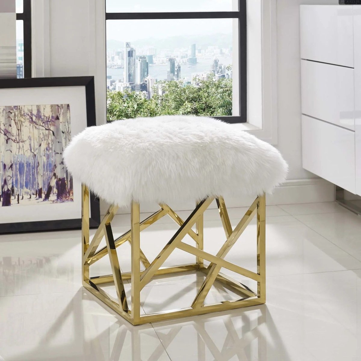 Sheepskin Ottoman with Gold Base – White 18 Inch Square - Ottomans available at Alpine Outlets in Denver