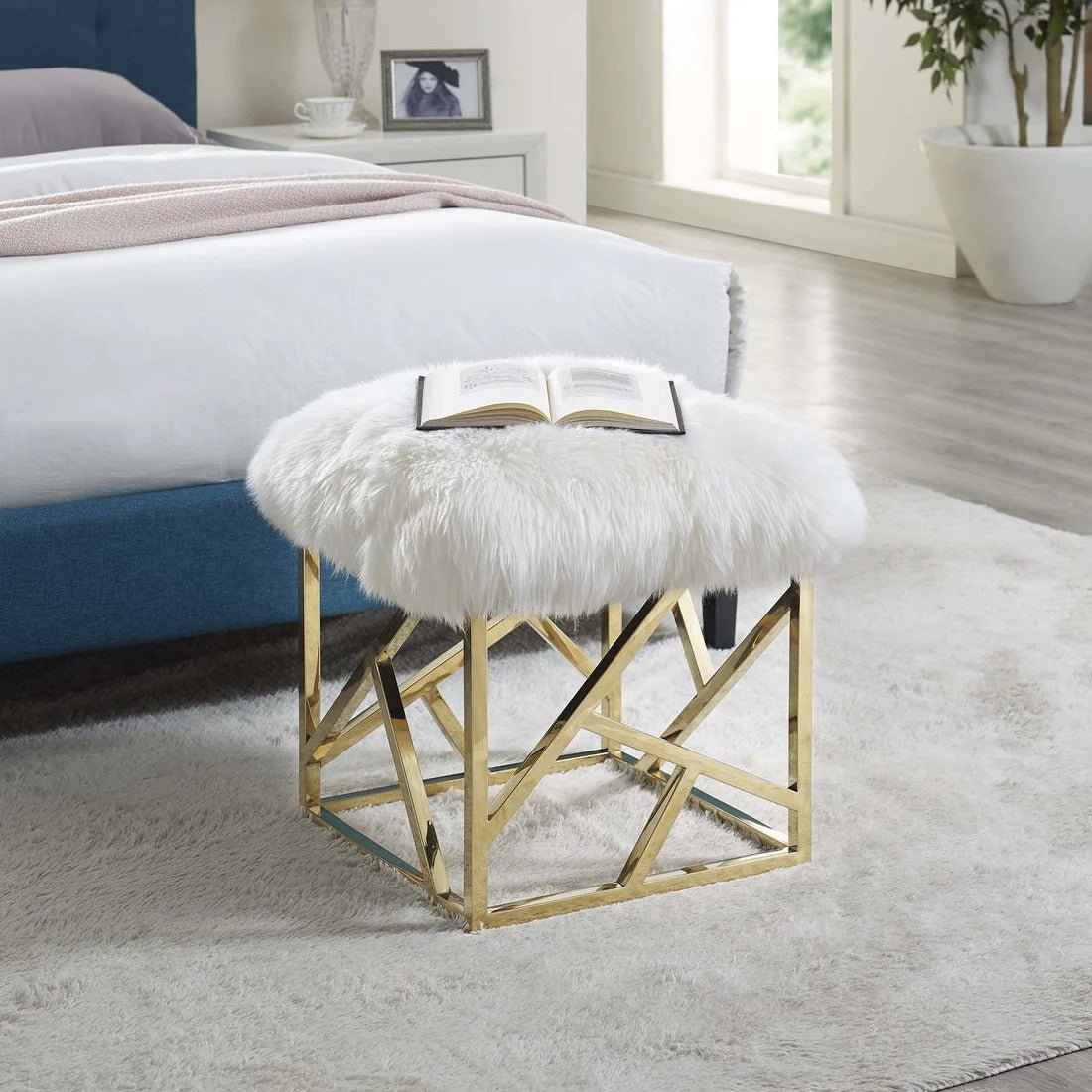 Sheepskin Ottoman with Gold Base – White 18 Inch Square - Ottomans available at Alpine Outlets in Denver