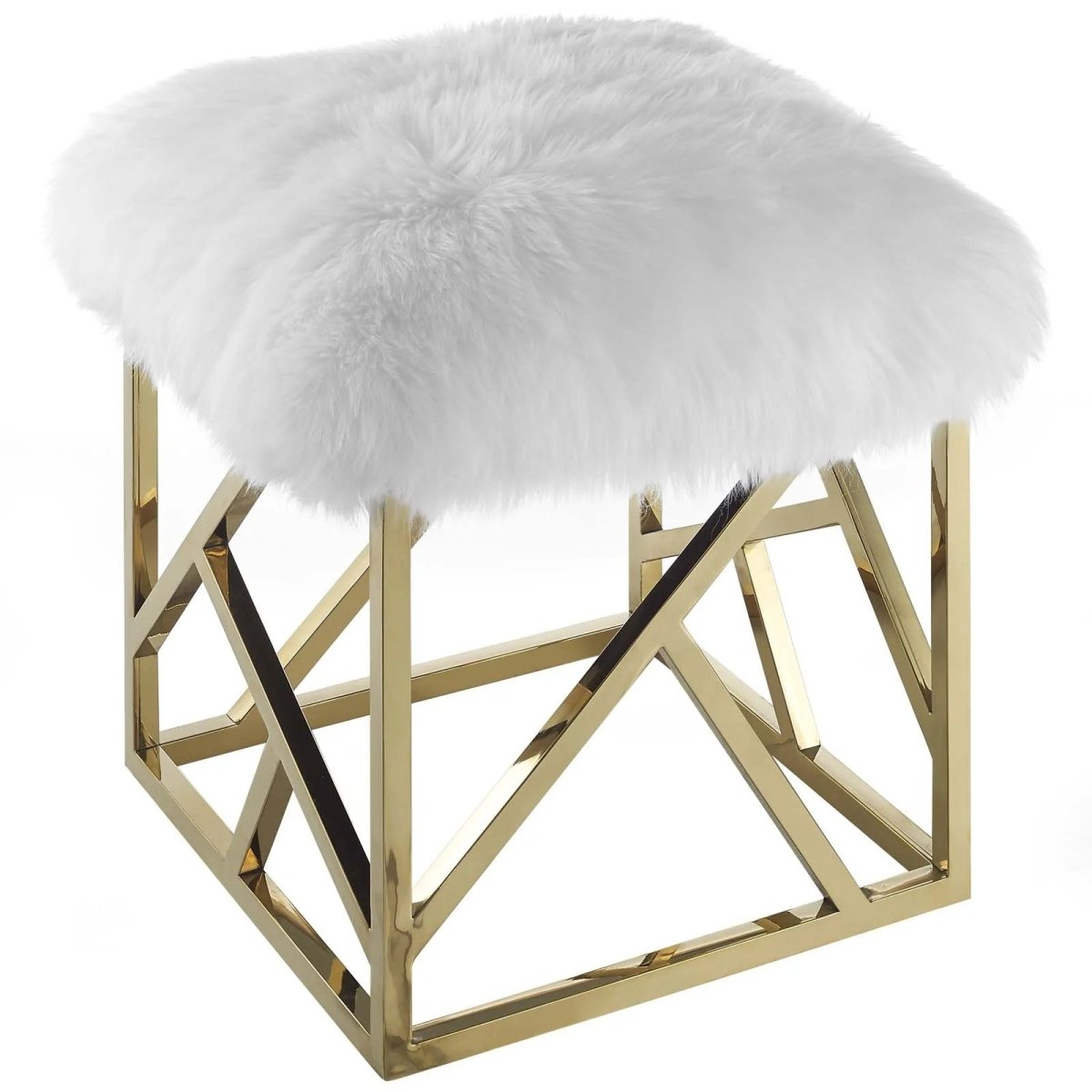 Sheepskin Ottoman with Gold Base – White 18 Inch Square - Ottomans available at Alpine Outlets in Denver