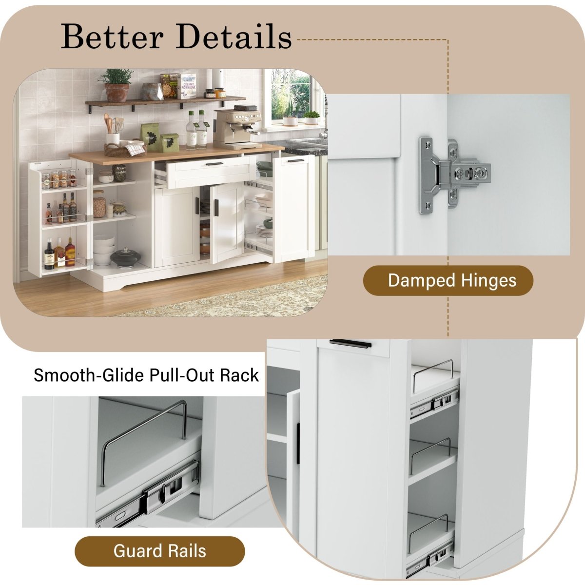 Sideboard With Extendable Table, Adjustable Shelves, 3 Tier Pull Out Rack - White - Sideboards available at Alpine Outlets in Denver
