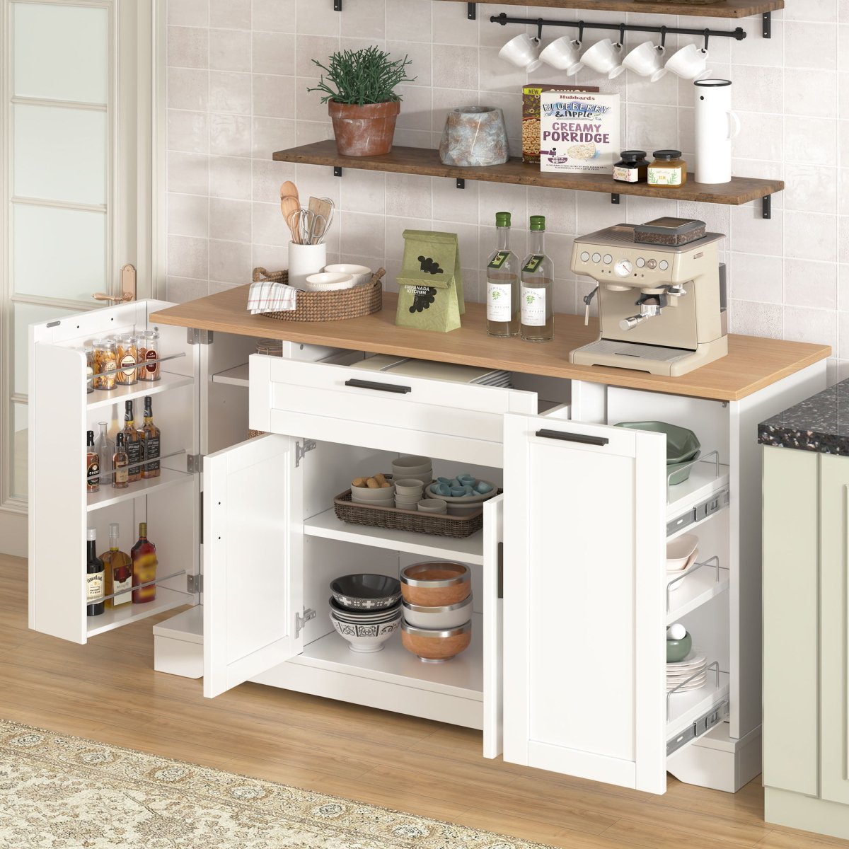 Sideboard With Extendable Table, Adjustable Shelves, 3 Tier Pull Out Rack - White - Sideboards available at Alpine Outlets in Denver