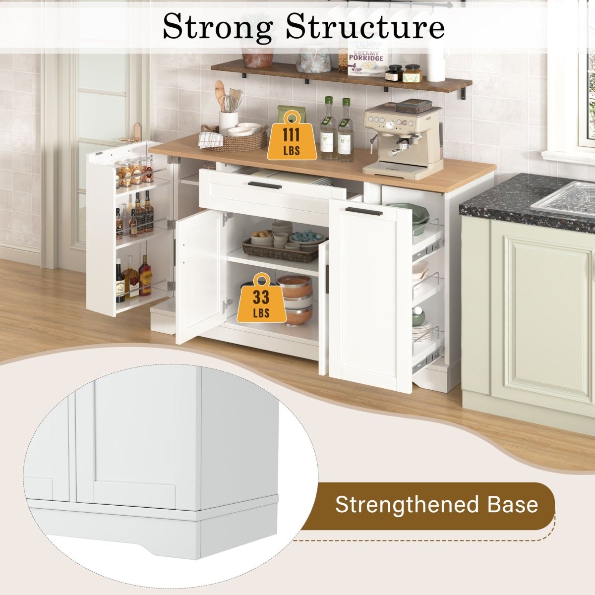 Sideboard With Extendable Table, Adjustable Shelves, 3 Tier Pull Out Rack - White - Sideboards available at Alpine Outlets in Denver