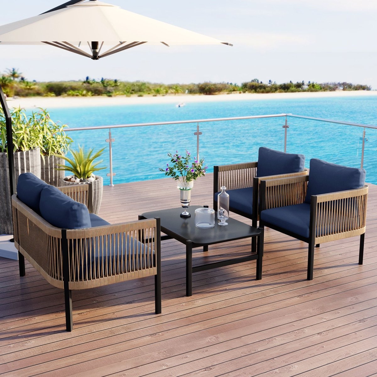 Solvaira Modular Outdoor Sofa Set with Tempered Glass Table - Outdoor Furniture Sets - Alpine Outlets