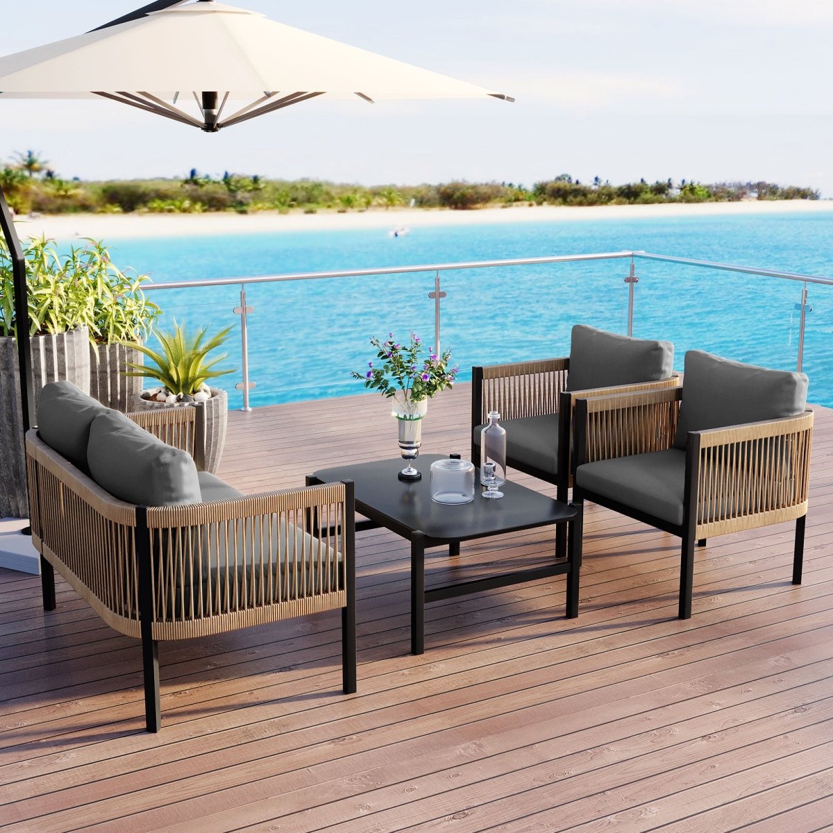 Solvaira Modular Outdoor Sofa Set with Tempered Glass Table - Outdoor Furniture Sets - Alpine Outlets