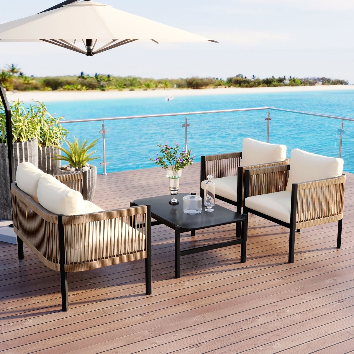 Solvaira Modular Outdoor Sofa Set with Tempered Glass Table - Outdoor Furniture Sets - Alpine Outlets