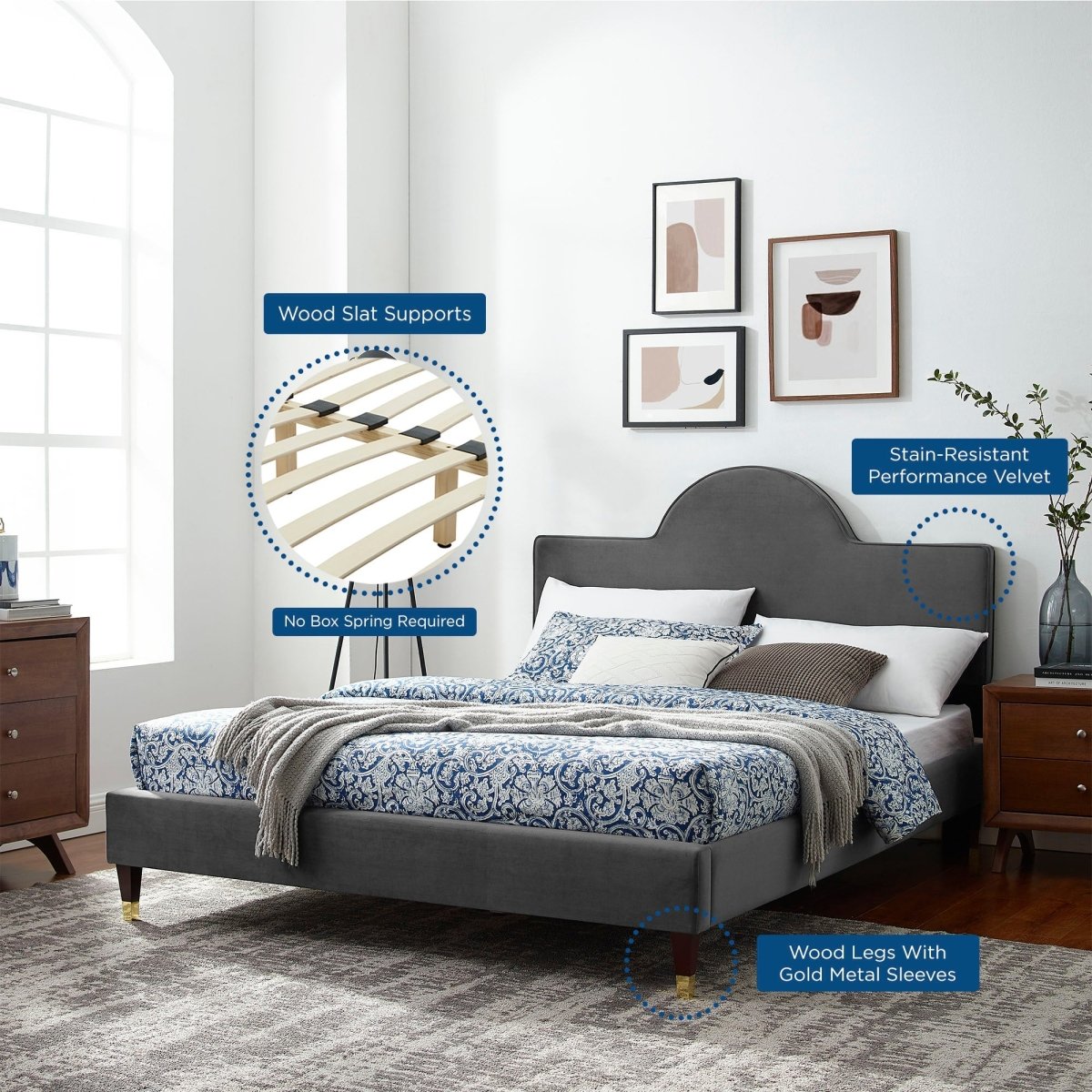 Sunrise Arch Performance Velvet Platform Bed with Gold Detail - Platform Bed available at Alpine Outlets in Denver