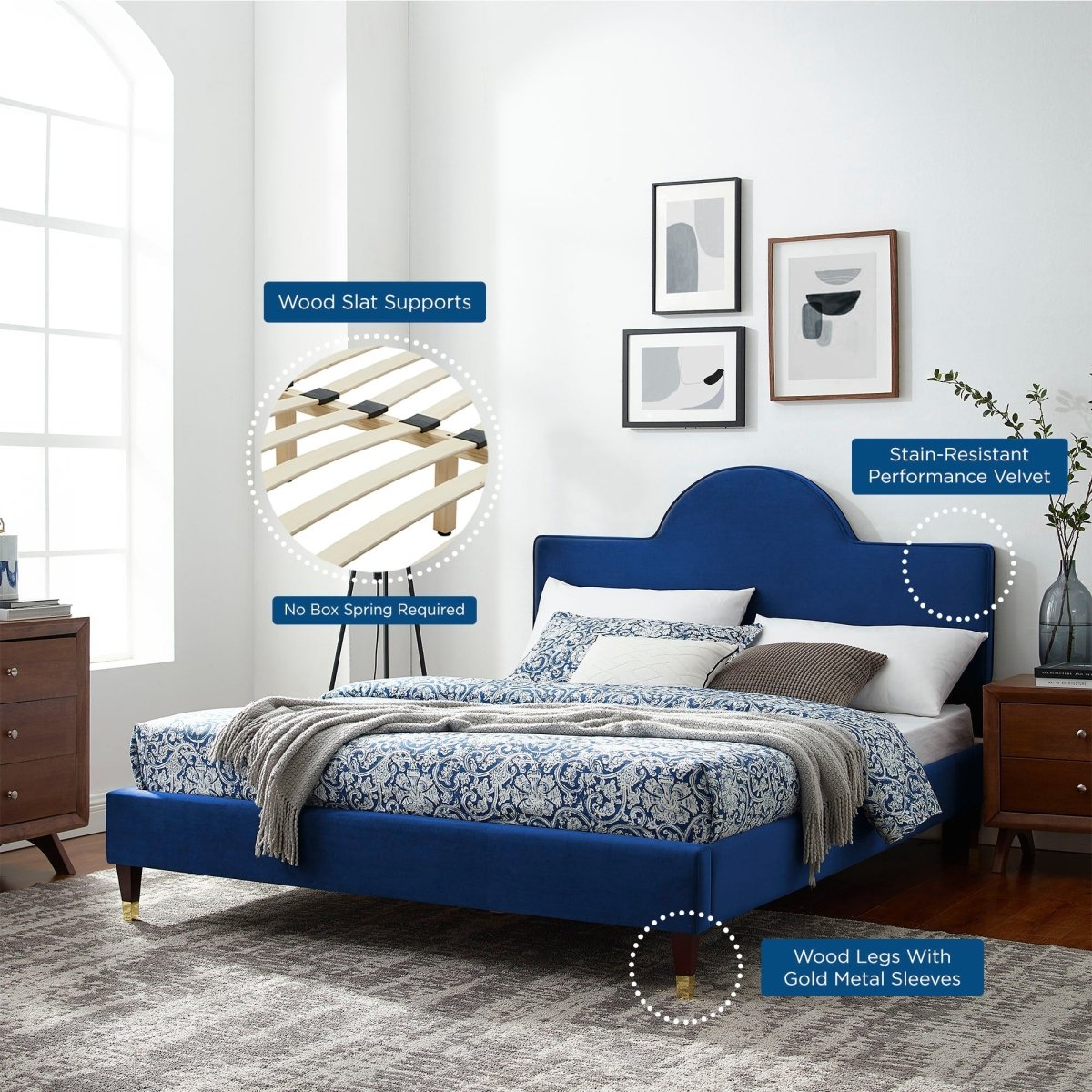 Sunrise Arch Performance Velvet Platform Bed with Gold Detail - Platform Bed available at Alpine Outlets in Denver
