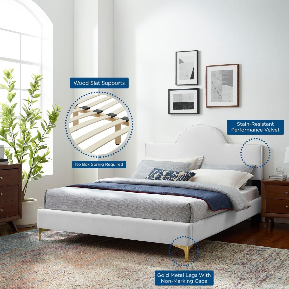 Sunrise Arch Performance Velvet Platform Bed with Gold Metal Legs - Platform Bed available at Alpine Outlets in Denver