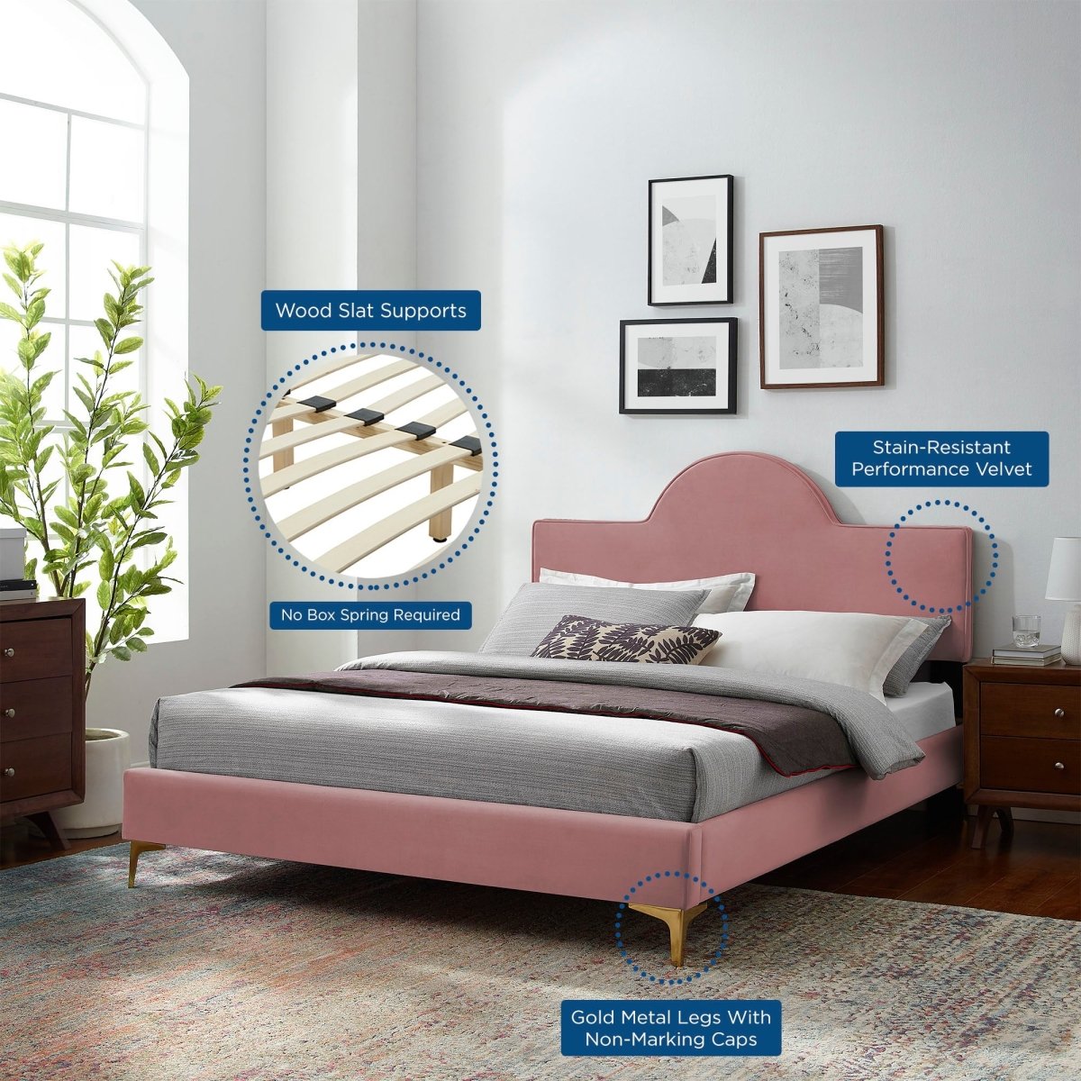 Sunrise Arch Performance Velvet Platform Bed with Gold Metal Legs - Platform Bed available at Alpine Outlets in Denver
