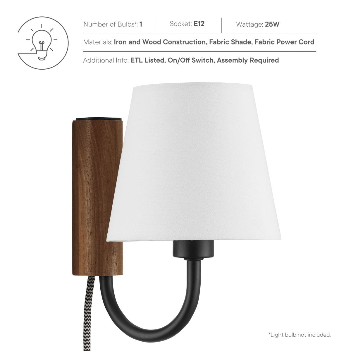 1-Light Swivel Wall Sconce with Fabric Shade – Walnut Black - Lighting - Alpine Outlets