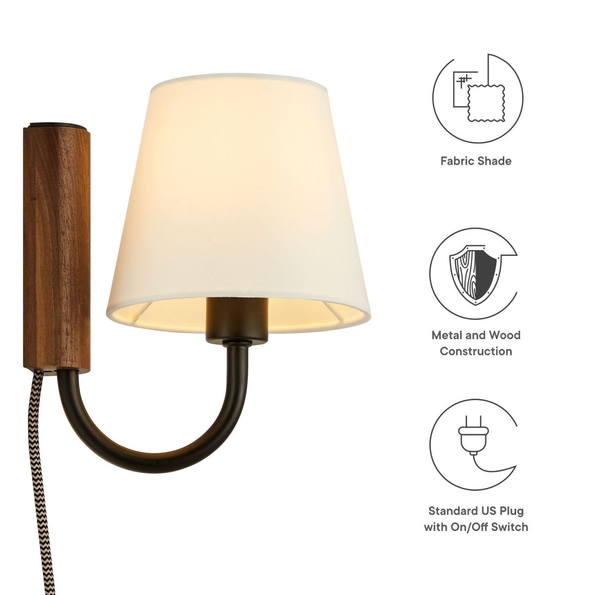 1-Light Swivel Wall Sconce with Fabric Shade – Walnut Black - Lighting - Alpine Outlets