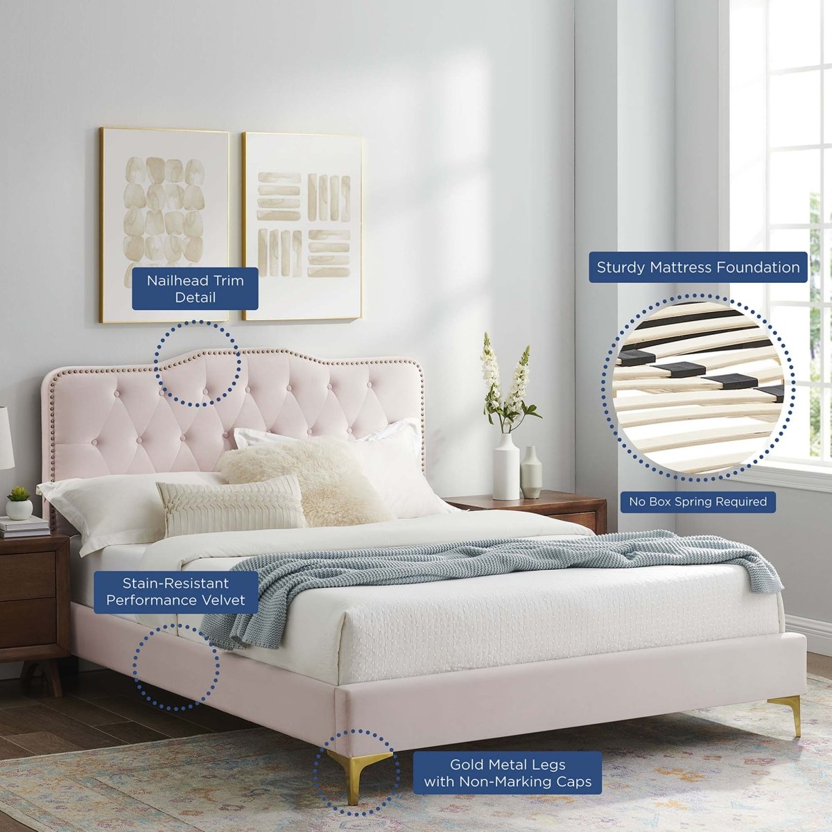 Tufted Nailhead Performance Velvet Platform Bed - Platform Bed available at Alpine Outlets in Denver