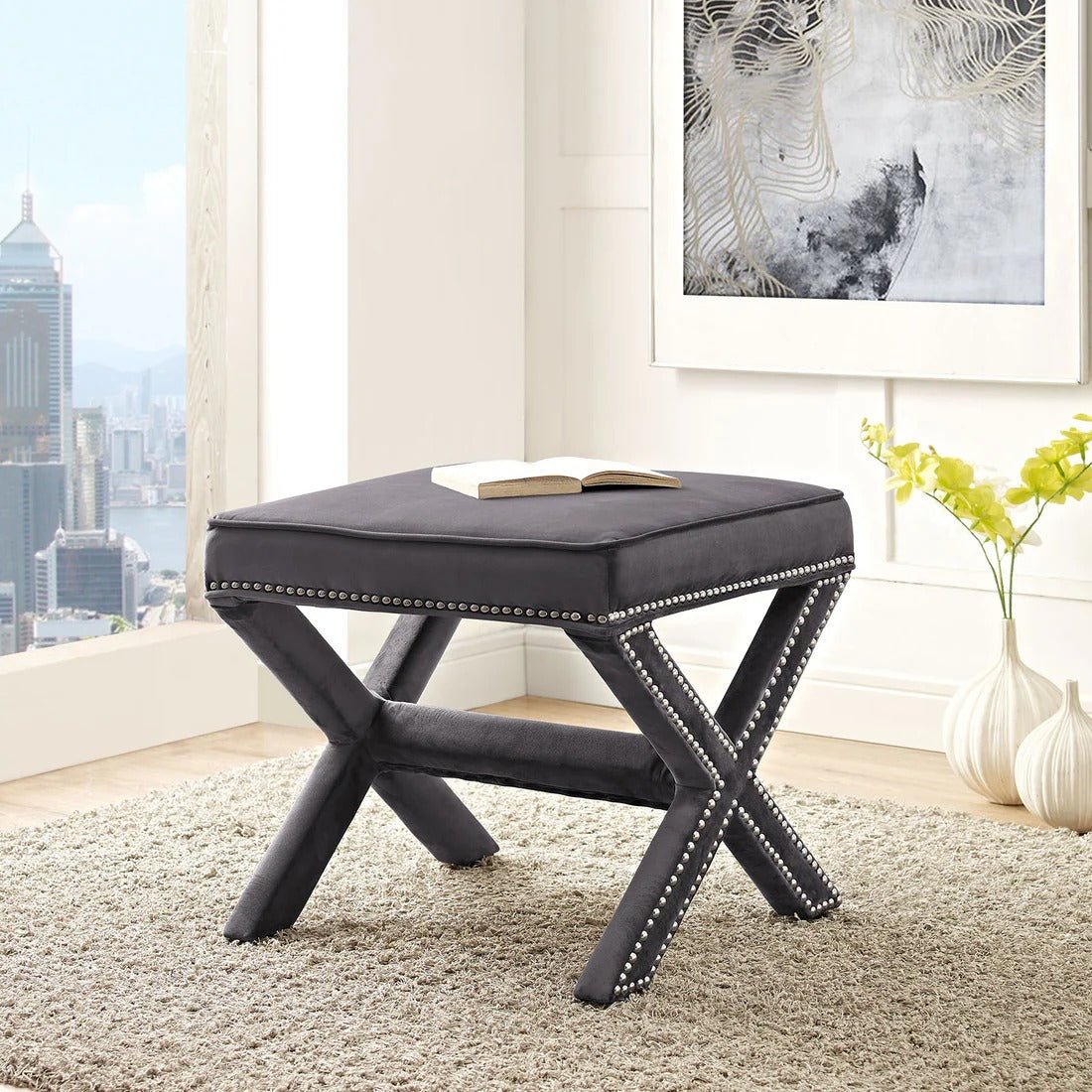 Tufted Velvet Bench Ottoman with Nailhead Trim – 20 Inch - Ottomans available at Alpine Outlets in Denver