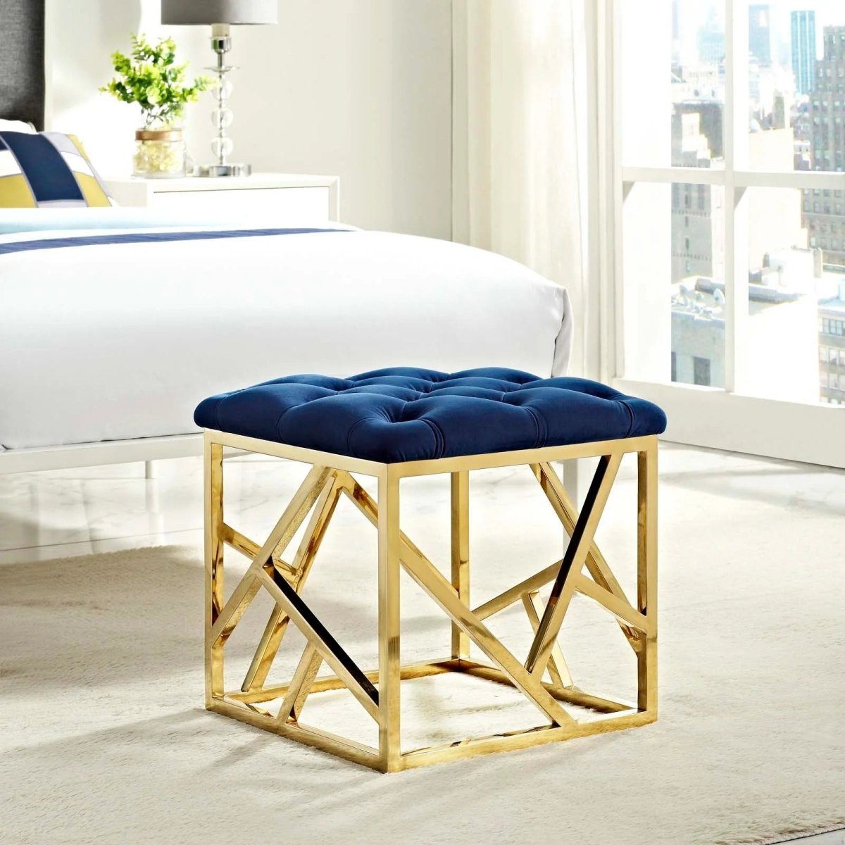 Tufted Velvet Ottoman with Gold Base – 18 Inch Square - Ottomans available at Alpine Outlets in Denver