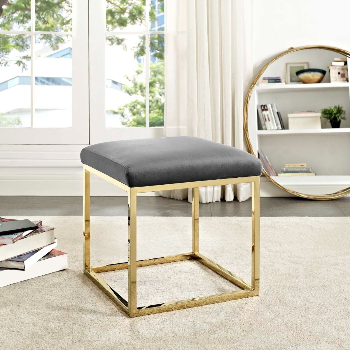 Tufted Velvet Ottoman with Gold Base β 18 Inch Square - Ottomans available at Alpine Outlets in Denver