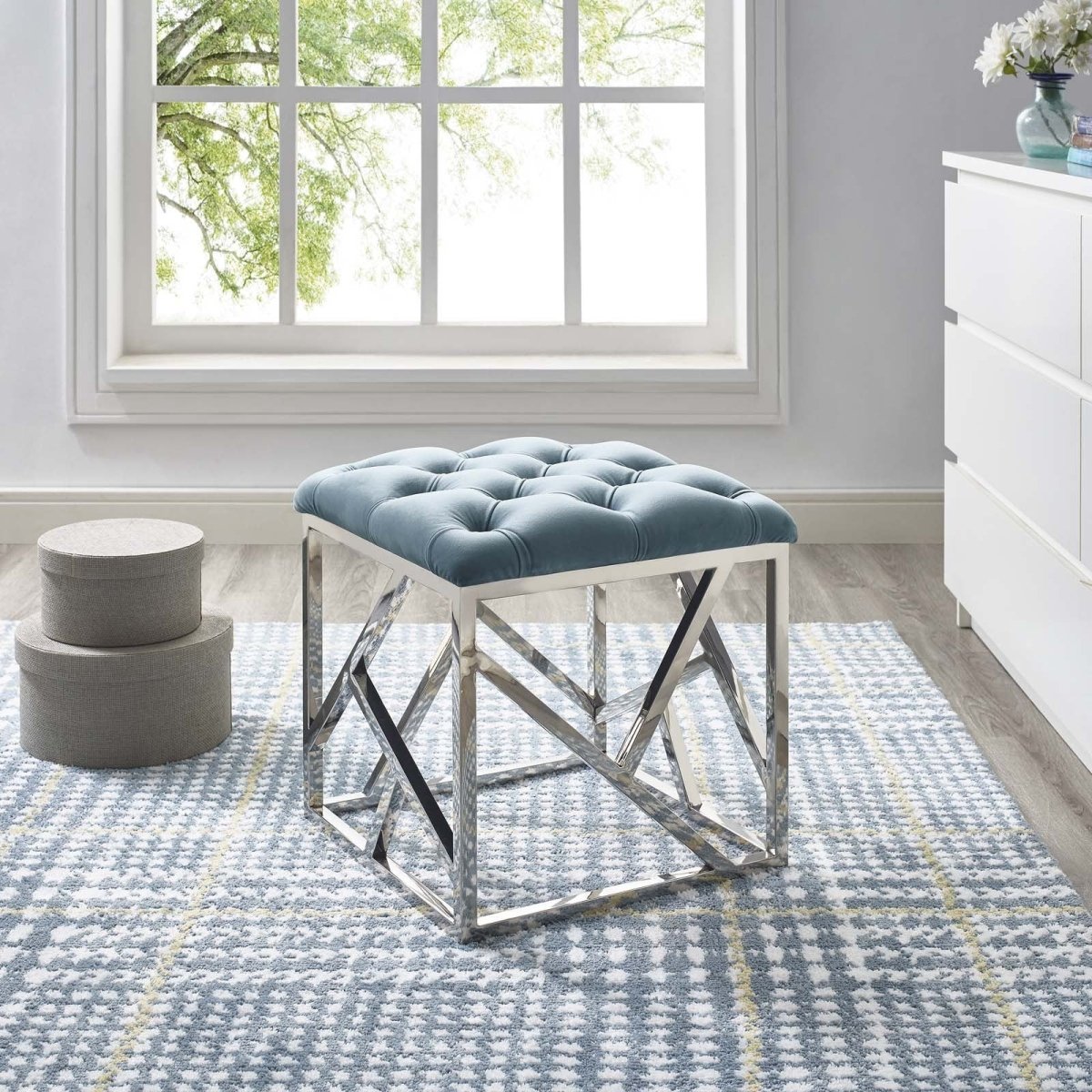 Tufted Velvet Ottoman with Silver Base – 18 Inch Square - Ottomans available at Alpine Outlets in Denver
