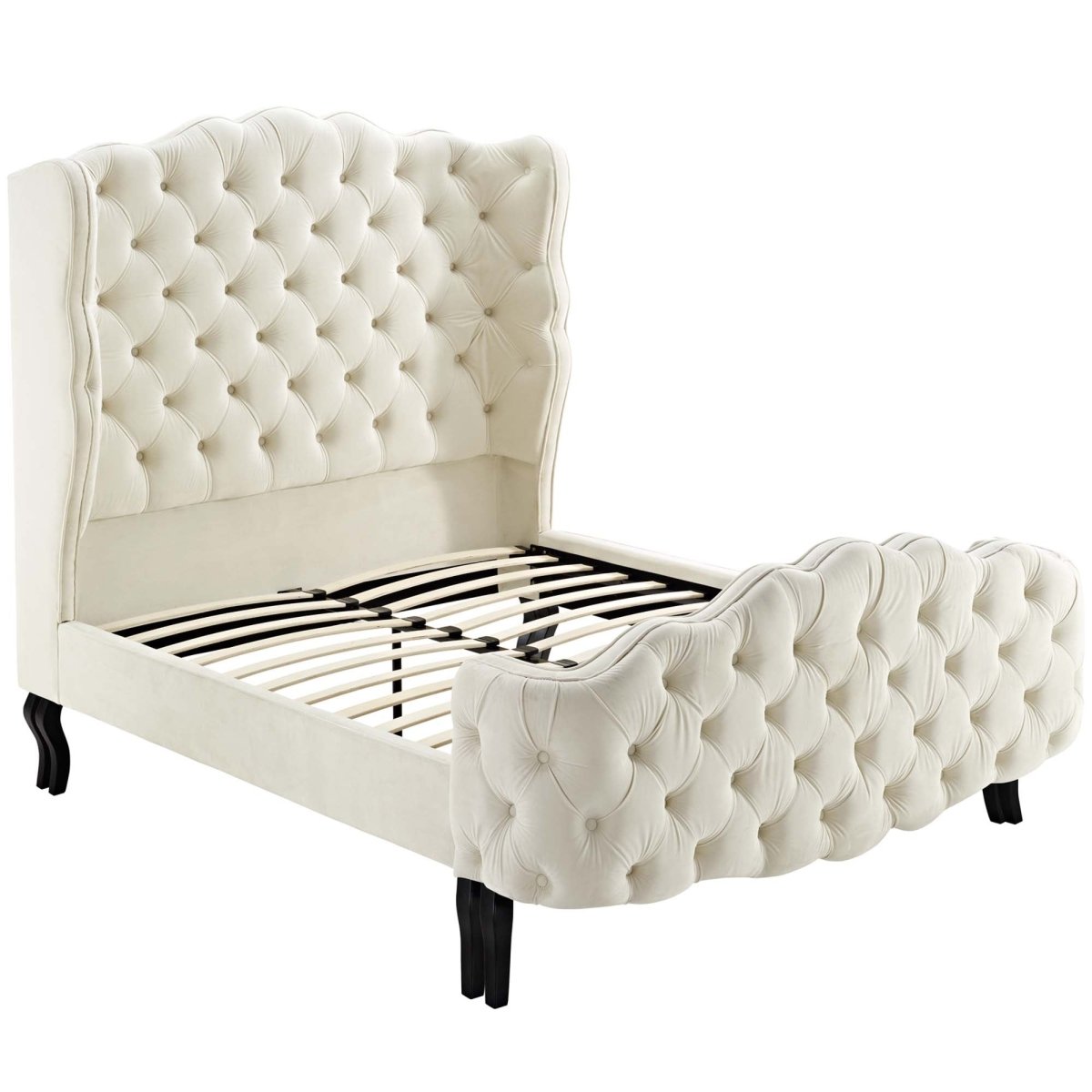 Tufted Wingback Performance Velvet Platform Bed with Cabriole Legs in Ivory - Platform Bed available at Alpine Outlets in Denver