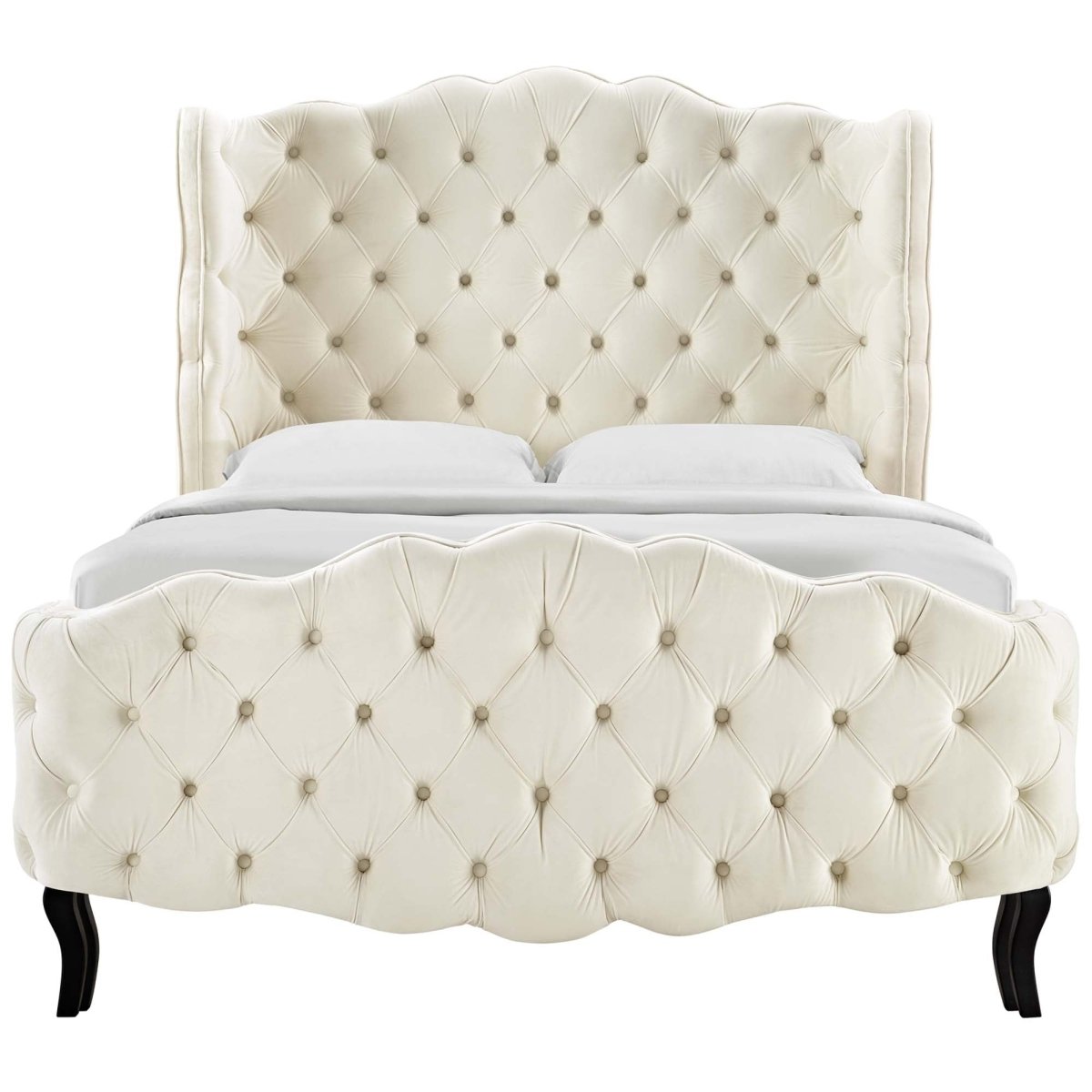 Tufted Wingback Performance Velvet Platform Bed with Cabriole Legs in Ivory - Platform Bed available at Alpine Outlets in Denver