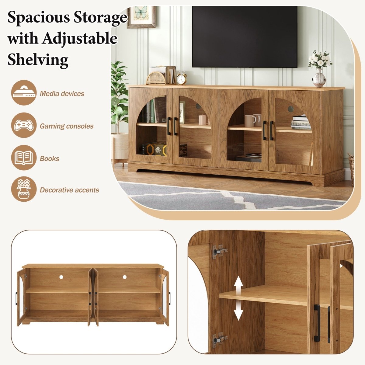 TV Stand With Semi Arched Glass Doors, Media Console With Adjustable Shelves For Living Room - Brown - TV Stands available at Alpine Outlets in Denver