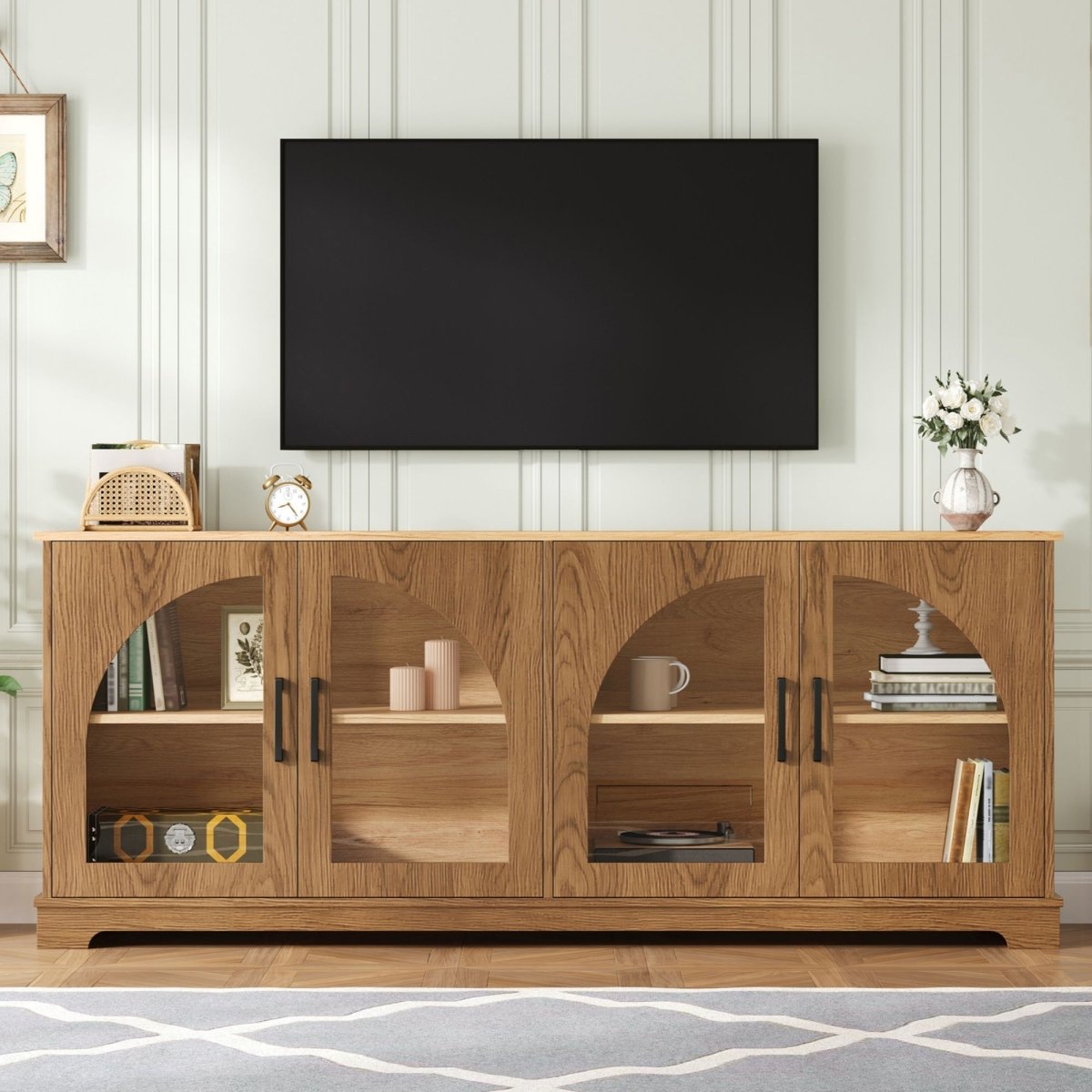 TV Stand With Semi Arched Glass Doors, Media Console With Adjustable Shelves For Living Room - Brown - TV Stands available at Alpine Outlets in Denver