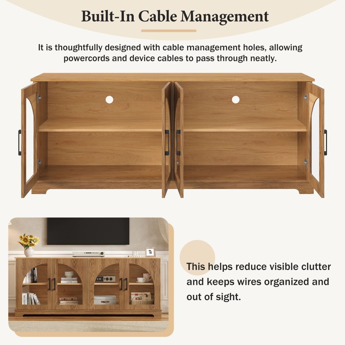TV Stand With Semi Arched Glass Doors, Media Console With Adjustable Shelves For Living Room - Brown - TV Stands available at Alpine Outlets in Denver