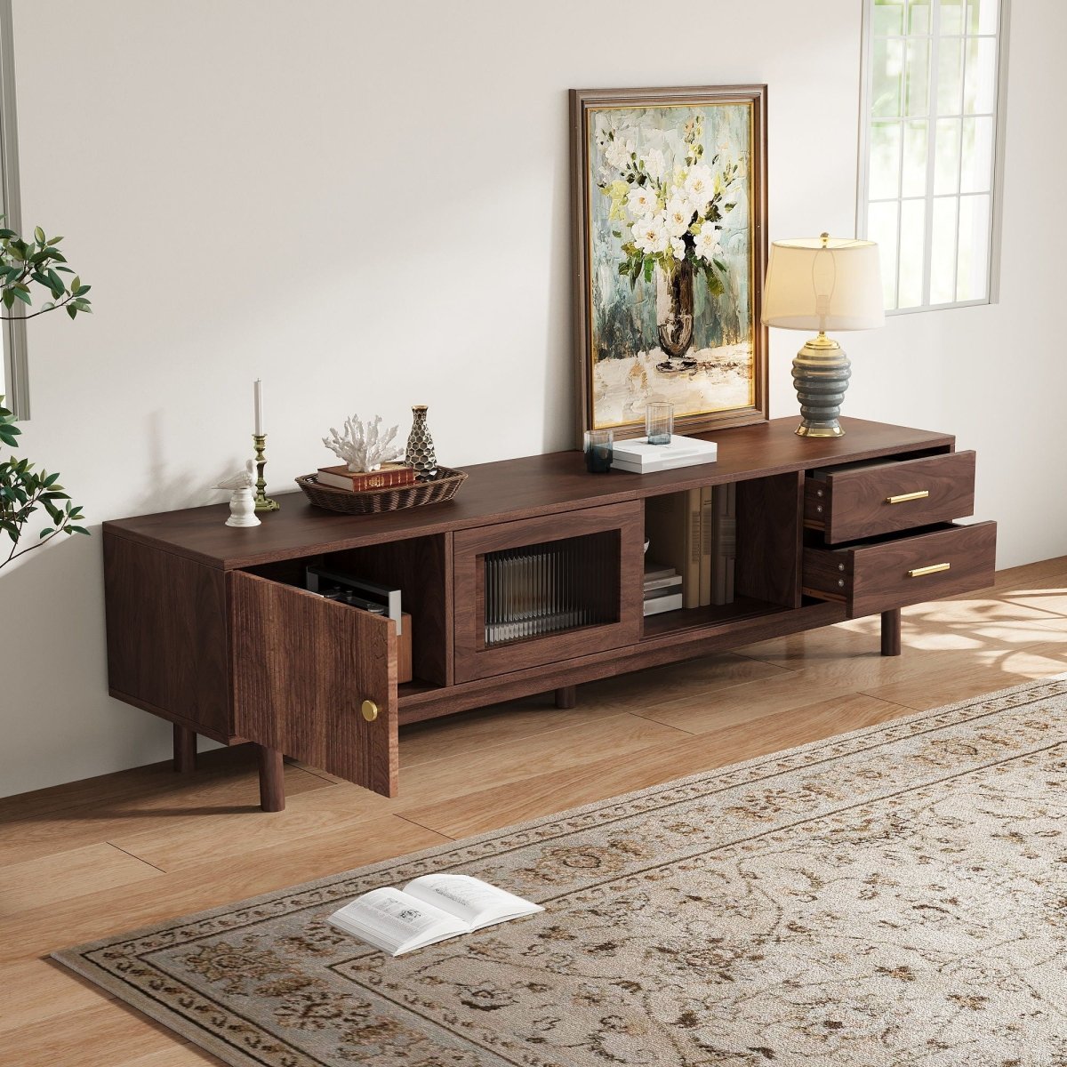 TV Stand With Sliding Doors And 2 Drawers For Living Room - Dark Brown - TV Stands available at Alpine Outlets in Denver