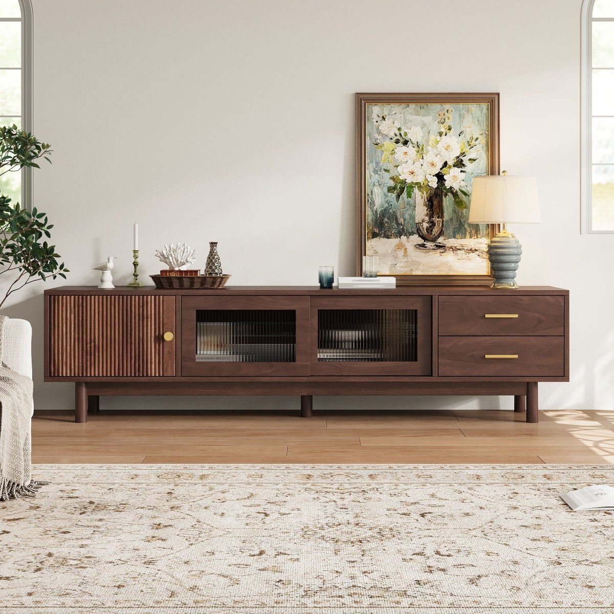 TV Stand With Sliding Doors And 2 Drawers For Living Room - Dark Brown - TV Stands available at Alpine Outlets in Denver