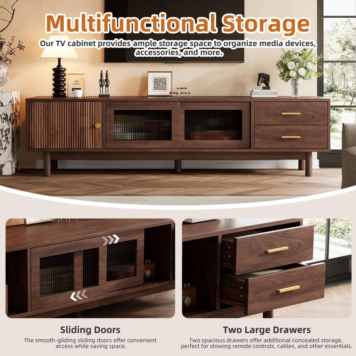 TV Stand With Sliding Doors And 2 Drawers For Living Room - Dark Brown - TV Stands available at Alpine Outlets in Denver