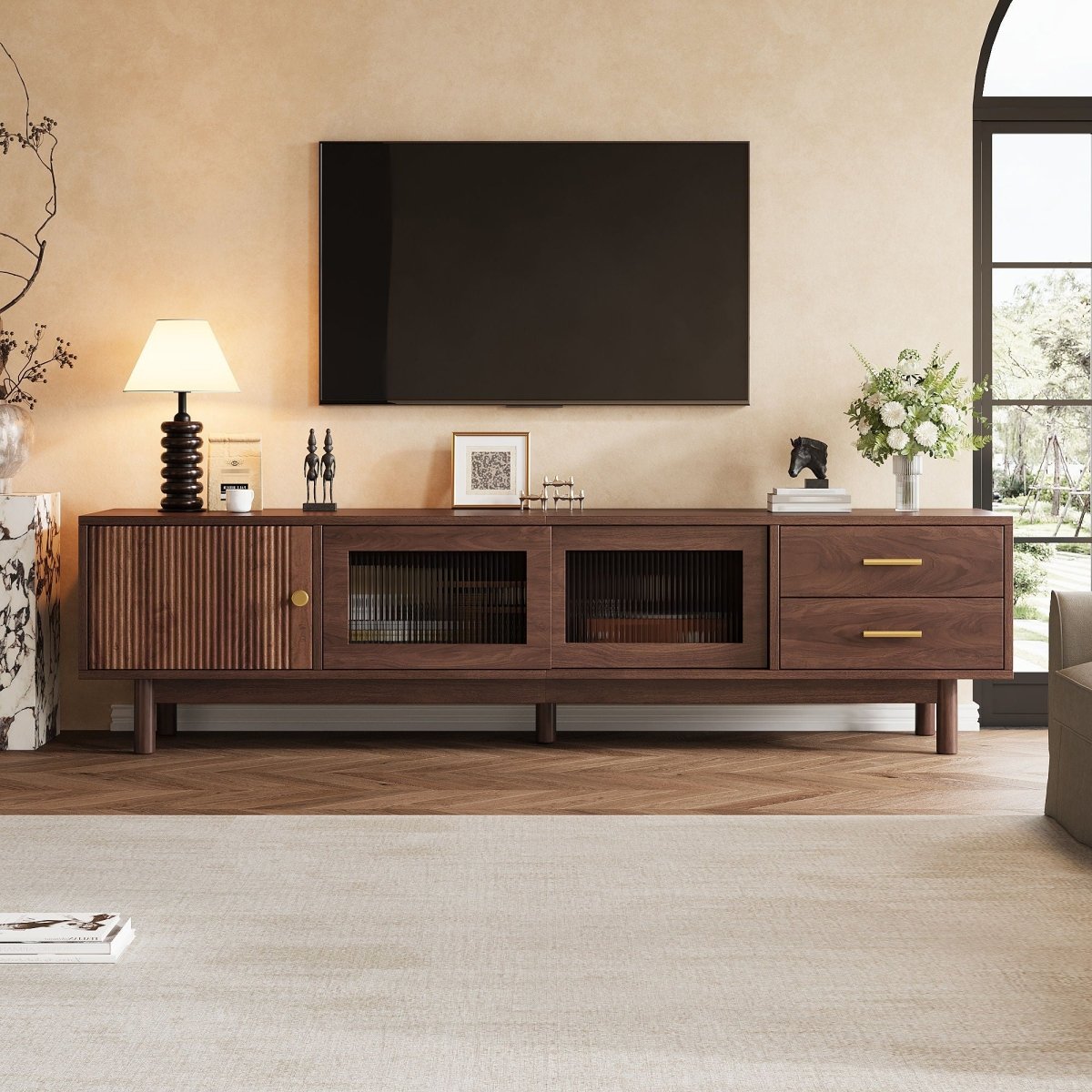 TV Stand With Sliding Doors And 2 Drawers For Living Room - Dark Brown - TV Stands available at Alpine Outlets in Denver