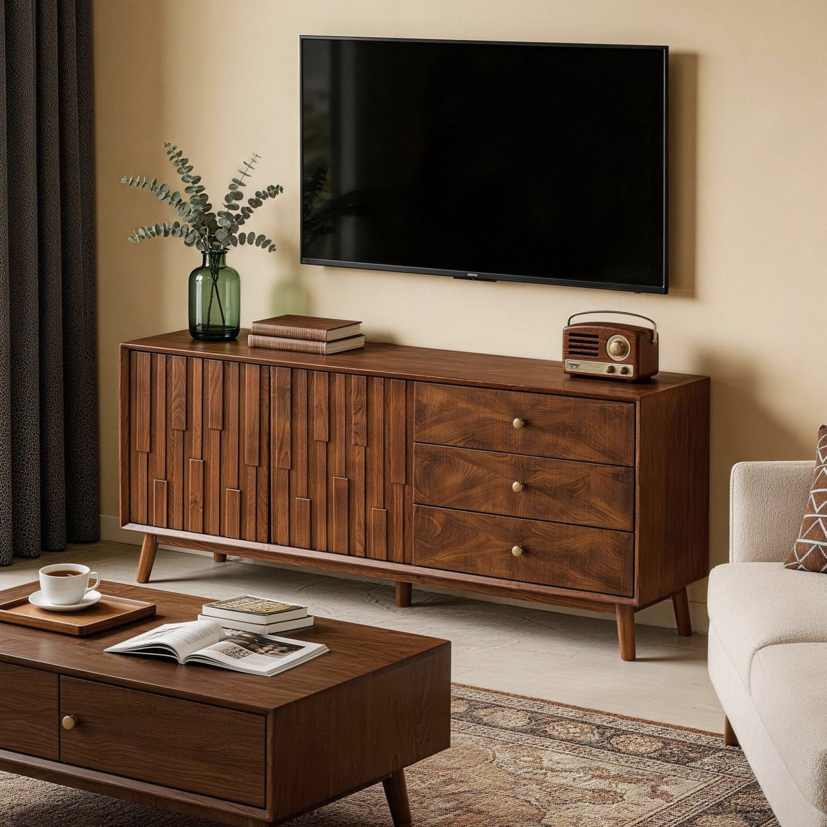 TV Stand With Storage, Entertainment Center, 3 Drawers And 2 Doors For Living Room - Walnut - TV Stands available at Alpine Outlets in Denver