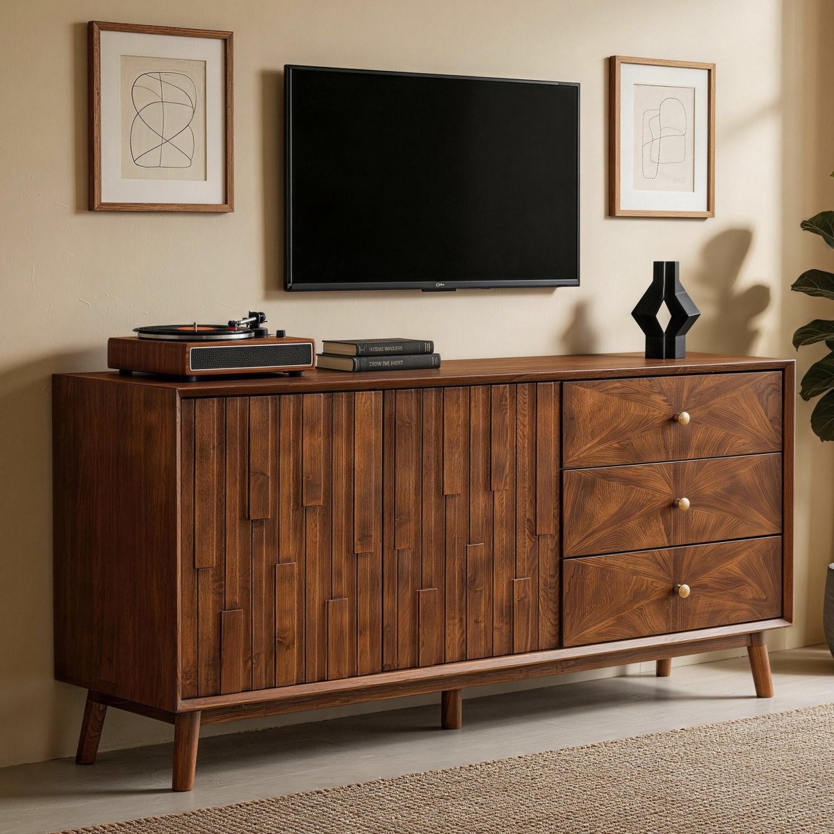 TV Stand With Storage, Entertainment Center, 3 Drawers And 2 Doors For Living Room - Walnut - TV Stands available at Alpine Outlets in Denver