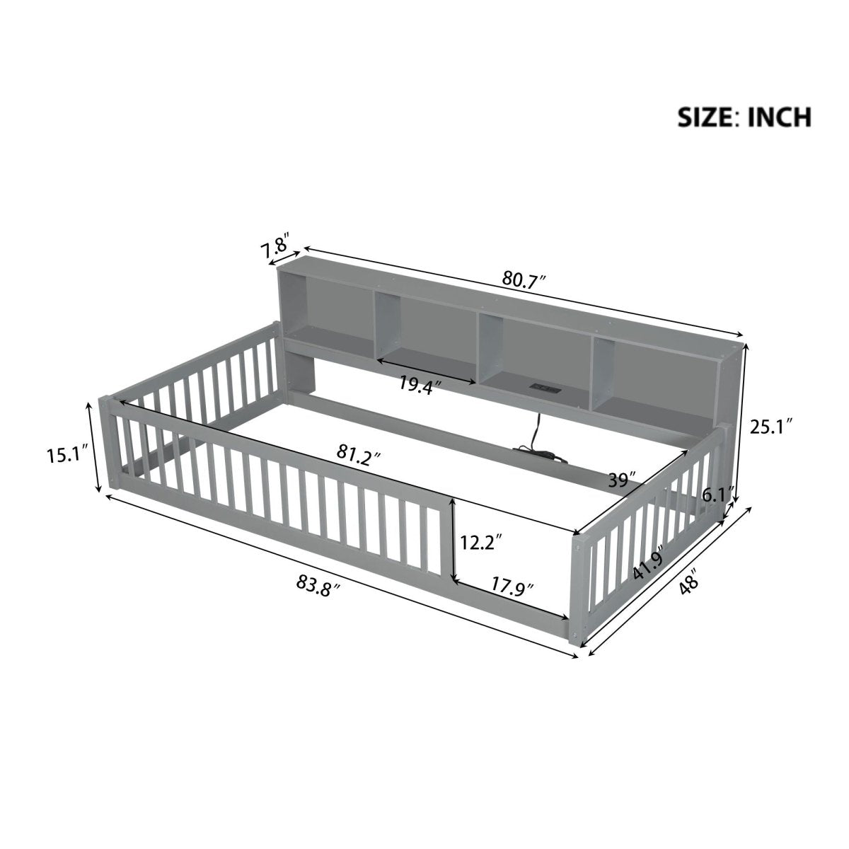 Twin Long Floor Bed With Storage Cabinets And USB Ports - Gray - Platform Beds available at Alpine Outlets in Denver