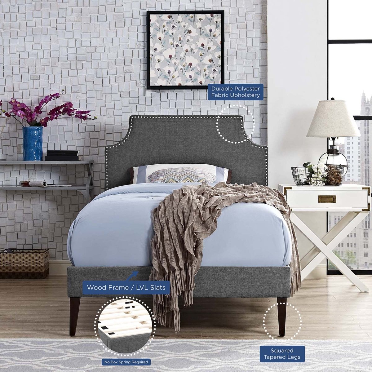 Twin Mid - Century Modern Upholstered Fabric Platform Bed in Gray - Platform Bed available at Alpine Outlets in Denver