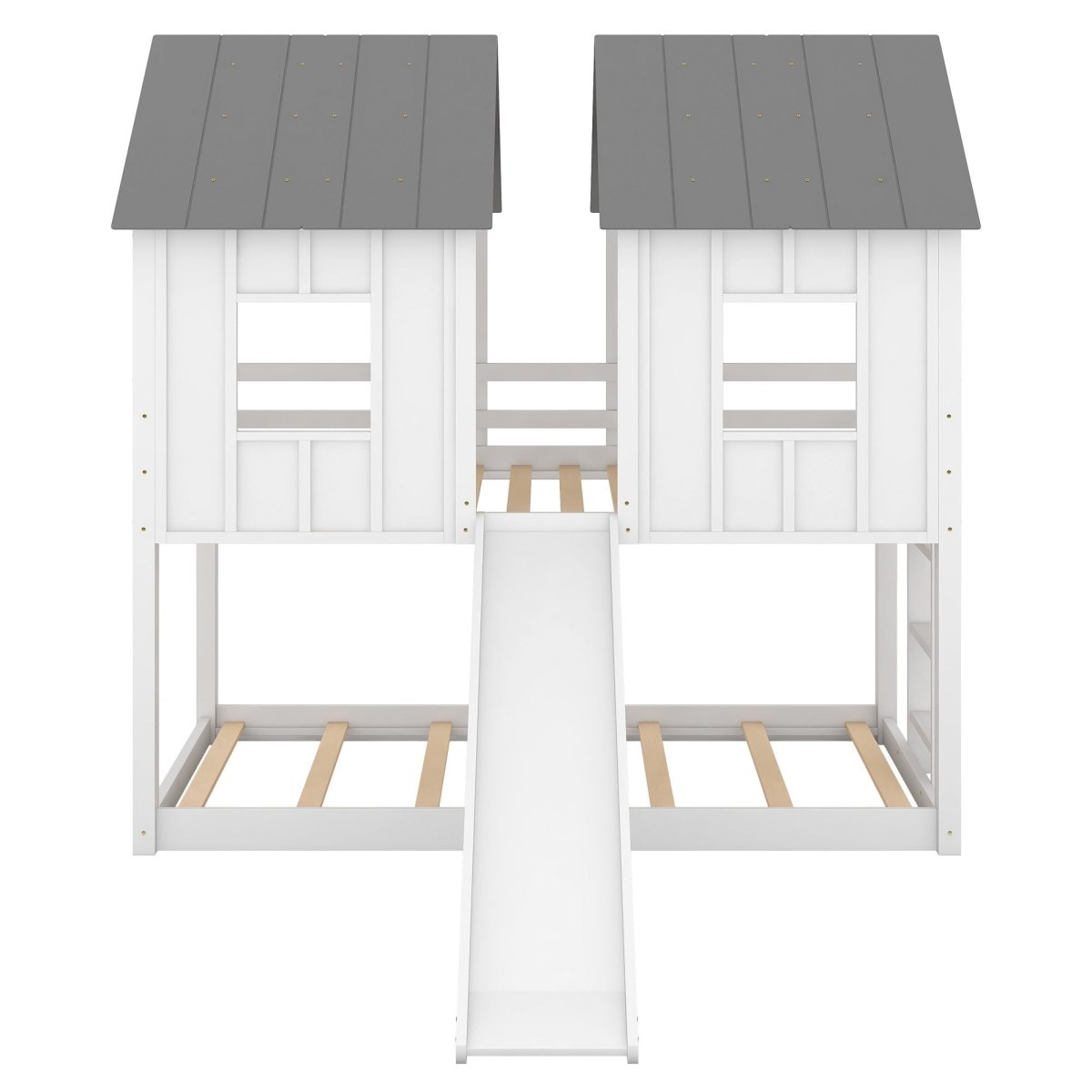 Twin Over Twin House Bunk Bed With Slide And Windows - White / Gray - Bunk Beds available at Alpine Outlets in Denver