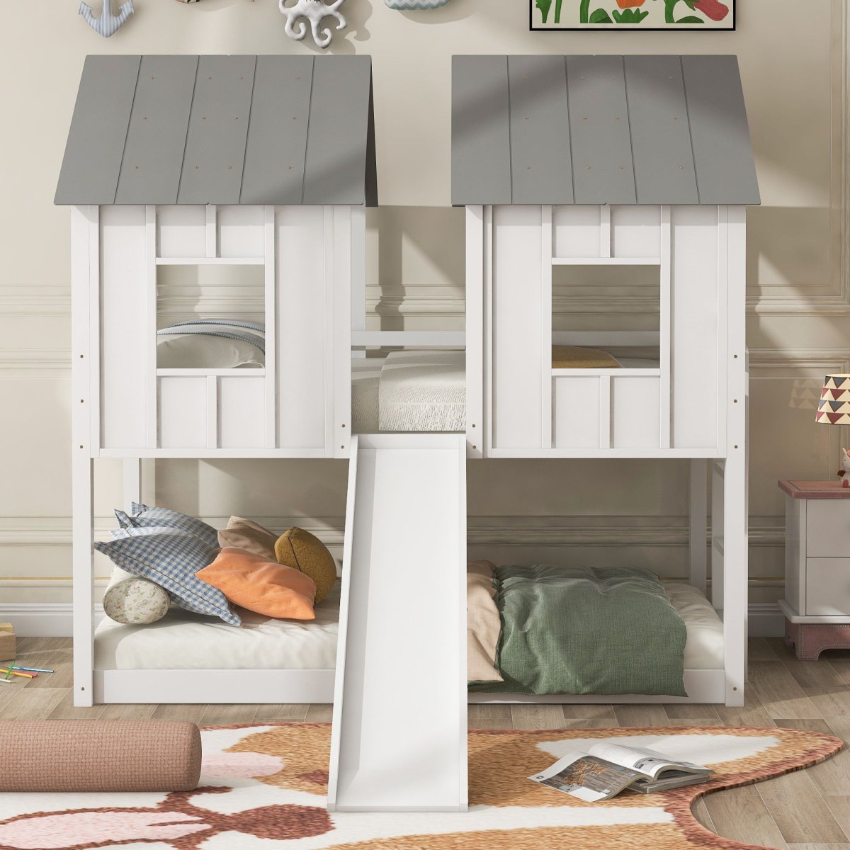 Twin Over Twin House Bunk Bed With Slide And Windows - White / Gray - Bunk Beds available at Alpine Outlets in Denver
