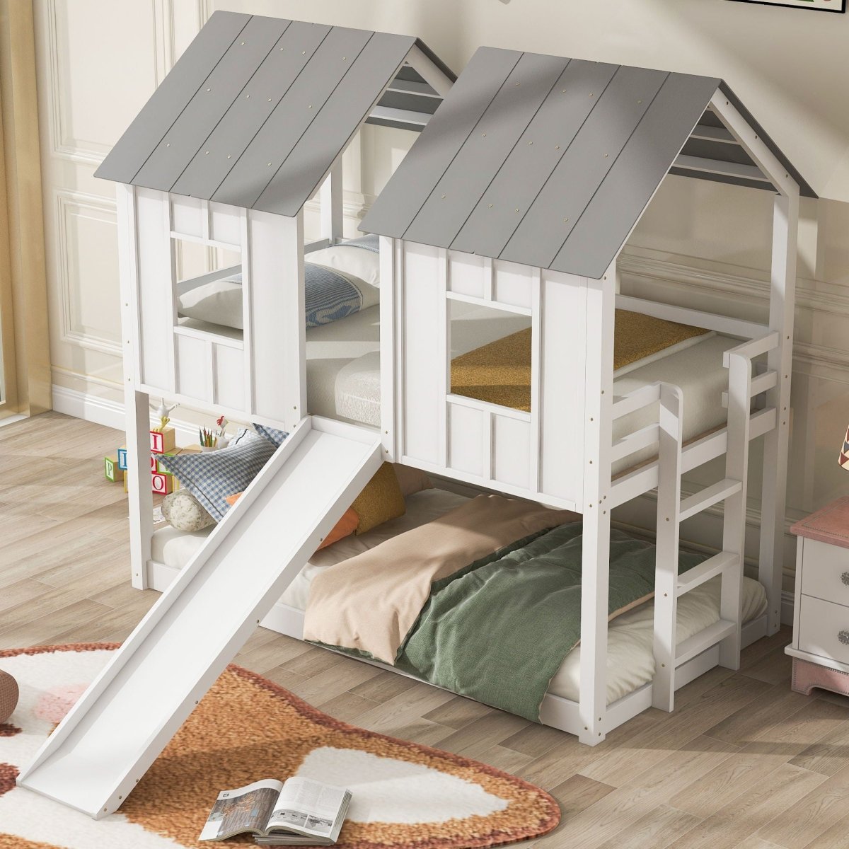 Twin Over Twin House Bunk Bed With Slide And Windows - White / Gray - Bunk Beds available at Alpine Outlets in Denver