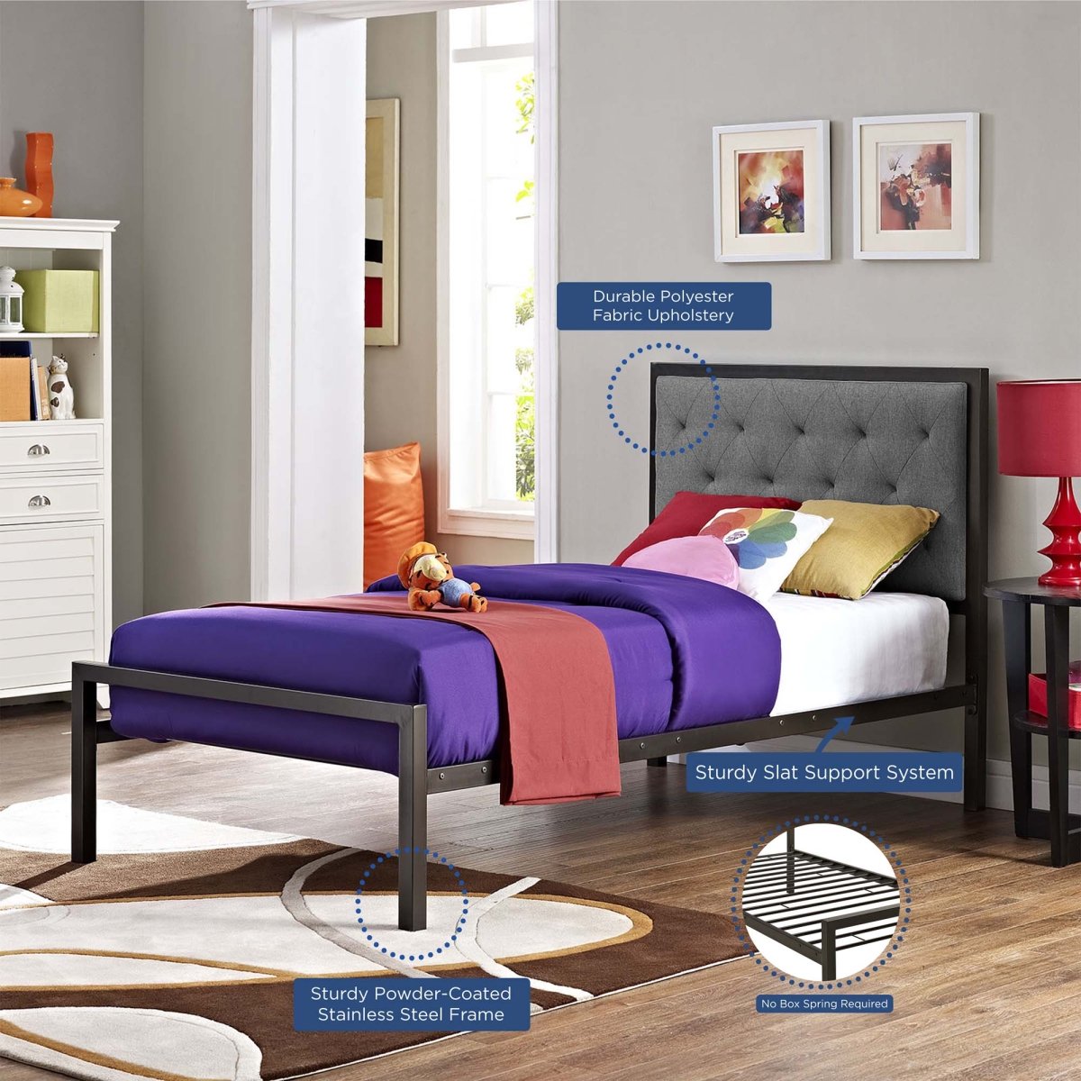 Twin Tufted Button Fabric and Steel Platform Bed in Brown - Platform Bed available at Alpine Outlets in Denver