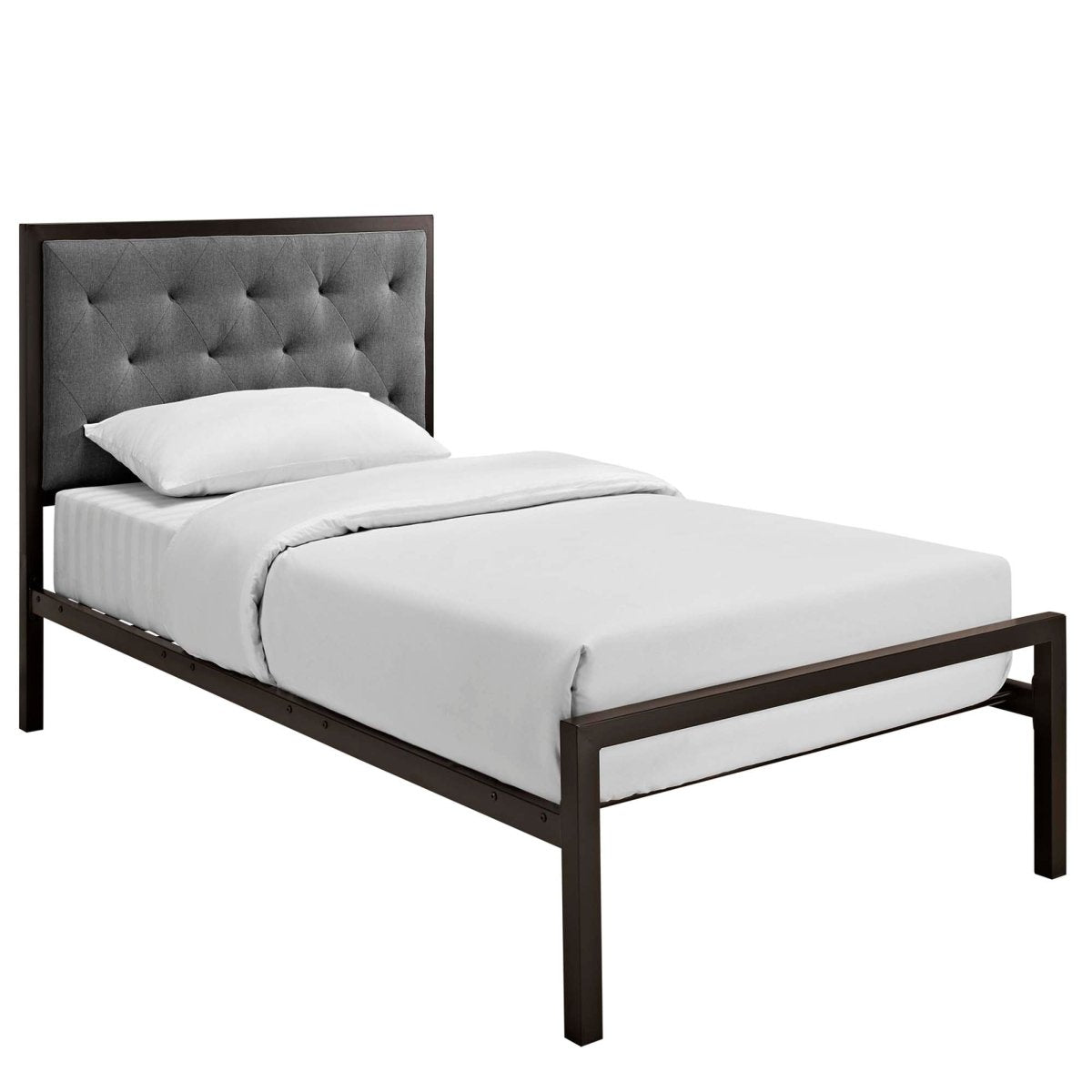 Twin Tufted Button Fabric and Steel Platform Bed in Brown - Platform Bed available at Alpine Outlets in Denver