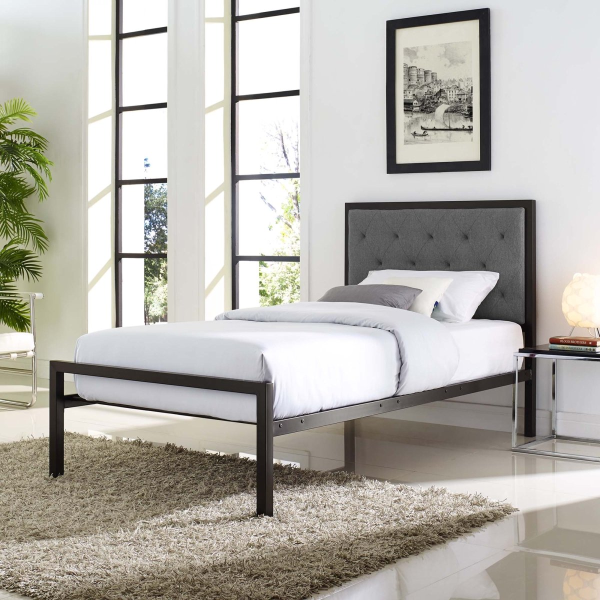 Twin Tufted Button Fabric and Steel Platform Bed in Brown - Platform Bed available at Alpine Outlets in Denver