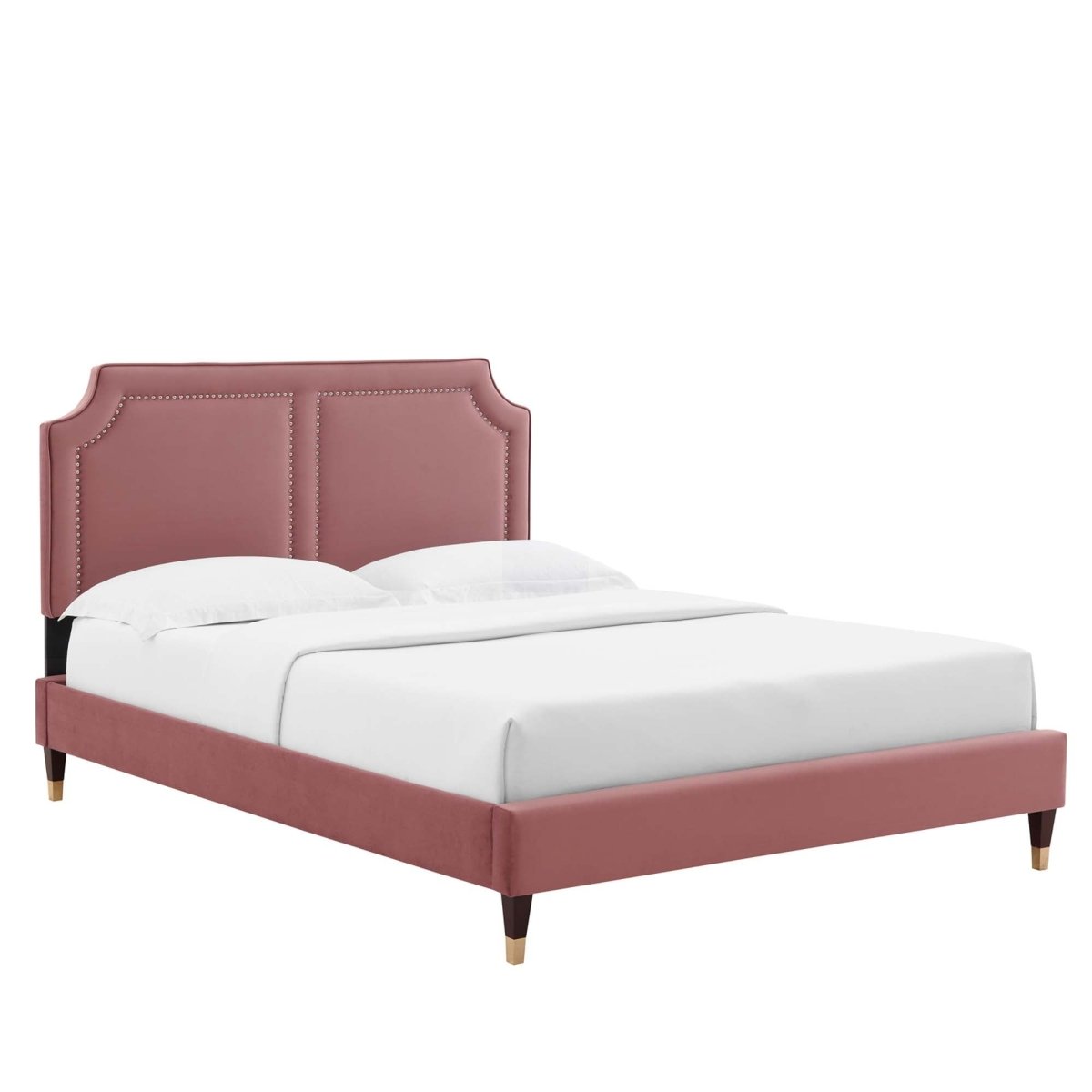 Upholstered Performance Velvet King Platform Bed with Gold Detail in Dusty Rose - Platform Bed available at Alpine Outlets in Denver
