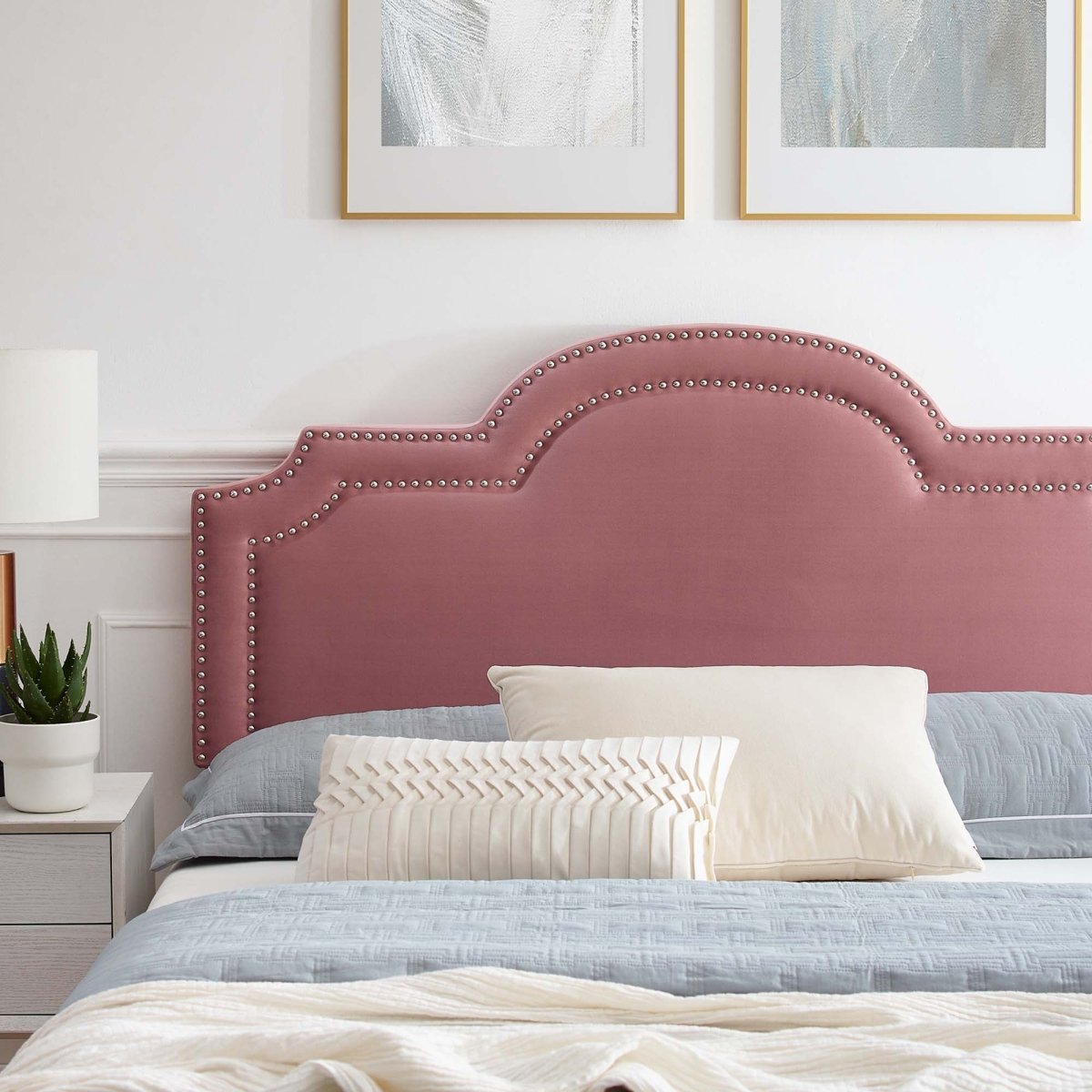 Upholstered Performance Velvet King Platform Bed with Headboard and Nailhead Trim in Dusty Rose - Platform Bed available at Alpine Outlets in Denver