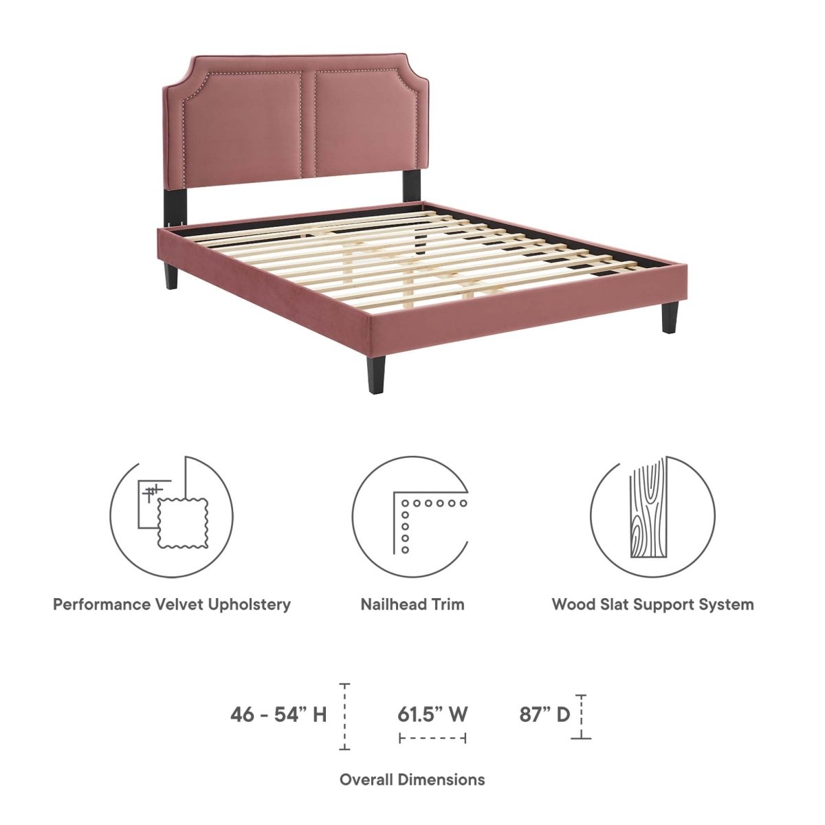 Upholstered Performance Velvet King Platform Bed with Notched Headboard and Nailhead Trim in Dusty Rose - Platform Bed available at Alpine Outlets in Denver