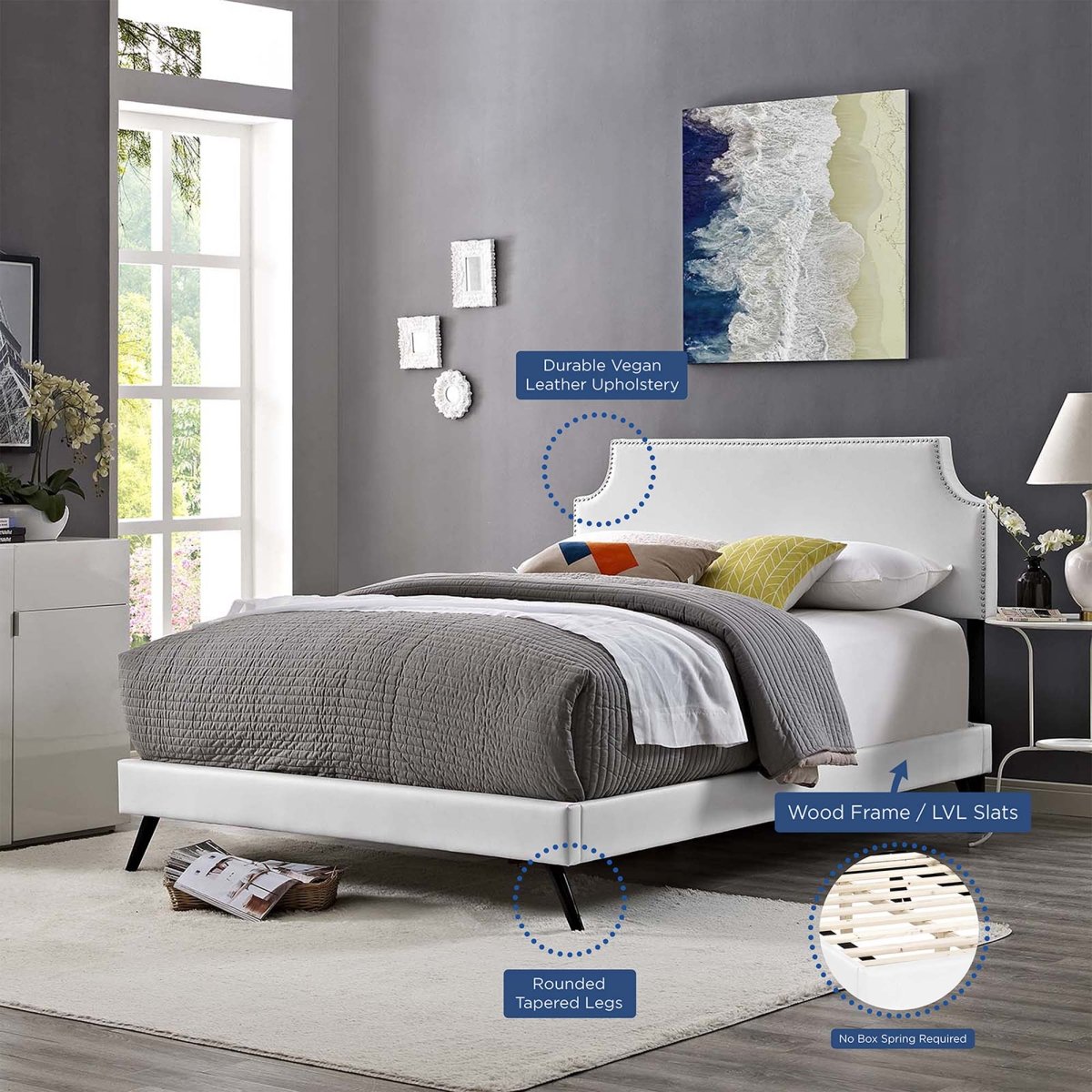 Upholstered Vinyl Platform Bed with Round Splayed Legs - Platform Bed available at Alpine Outlets in Denver