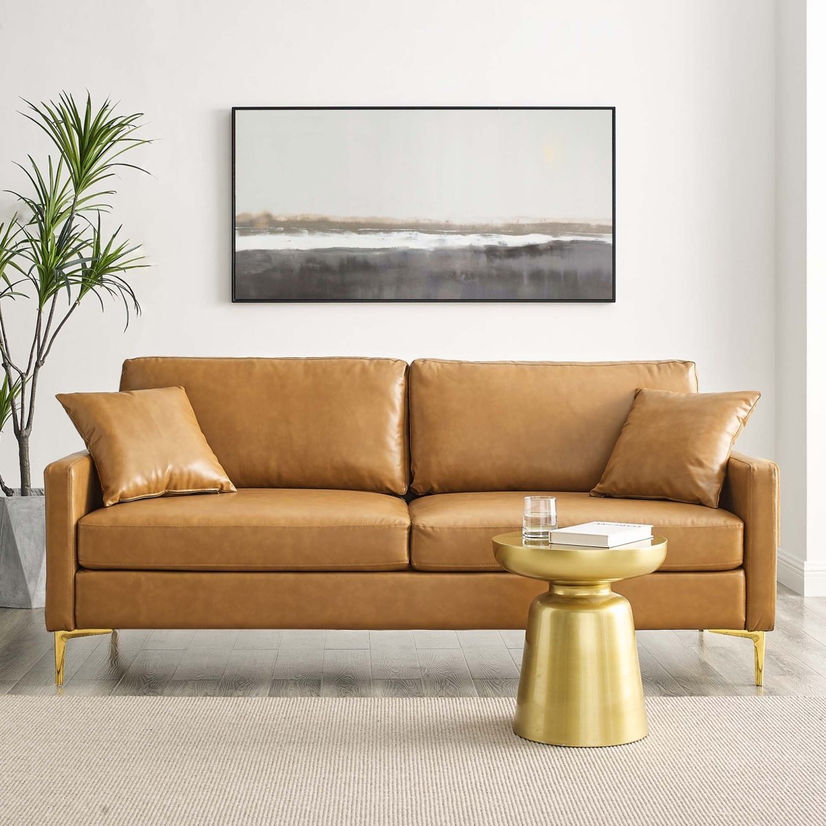 Vegan Leather Sofa with Gold Legs and Throw Pillows in Tan - Living Room Furniture available at Alpine Outlets in Denver