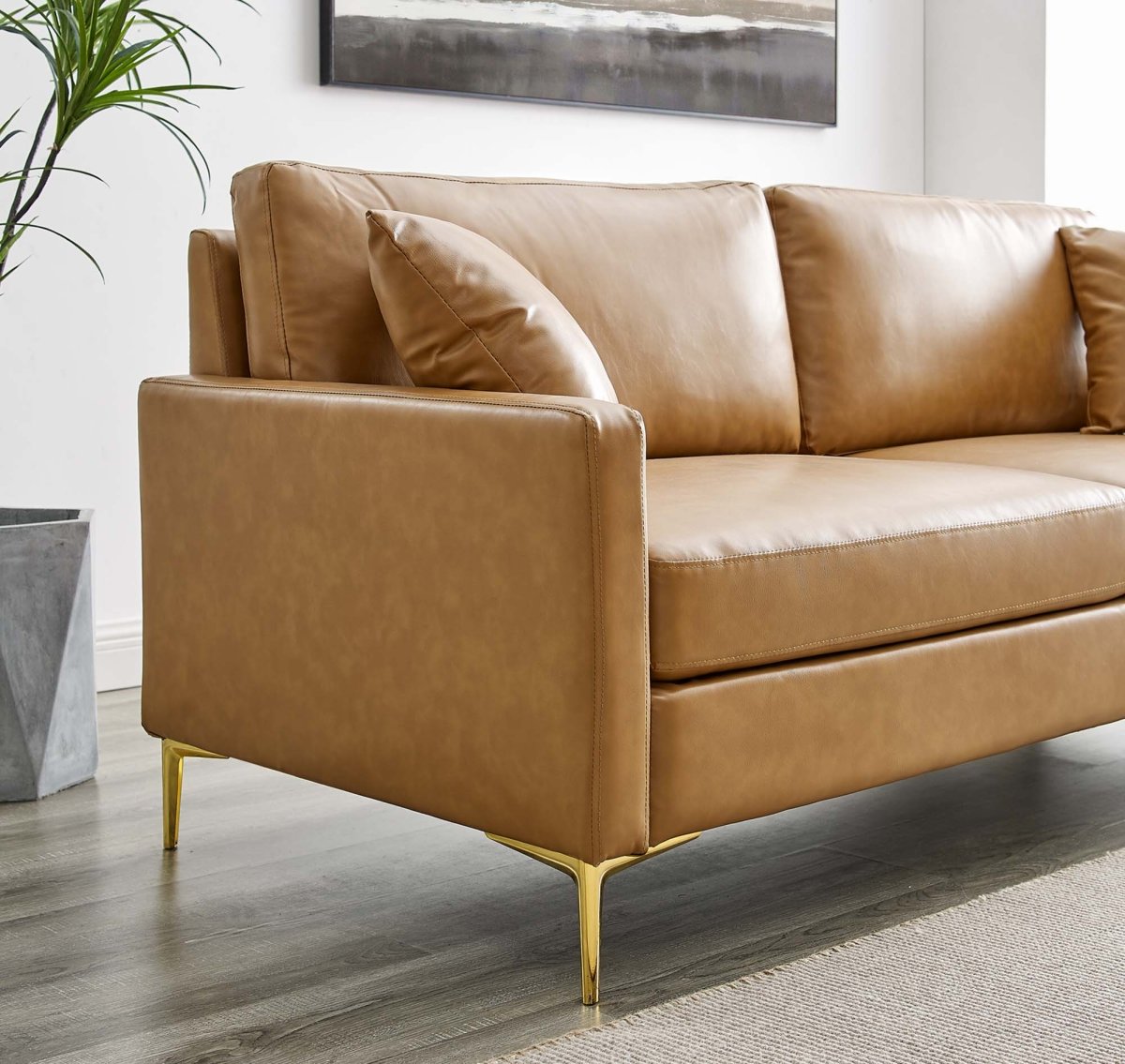 Vegan Leather Sofa with Gold Legs and Throw Pillows in Tan - Living Room Furniture available at Alpine Outlets in Denver